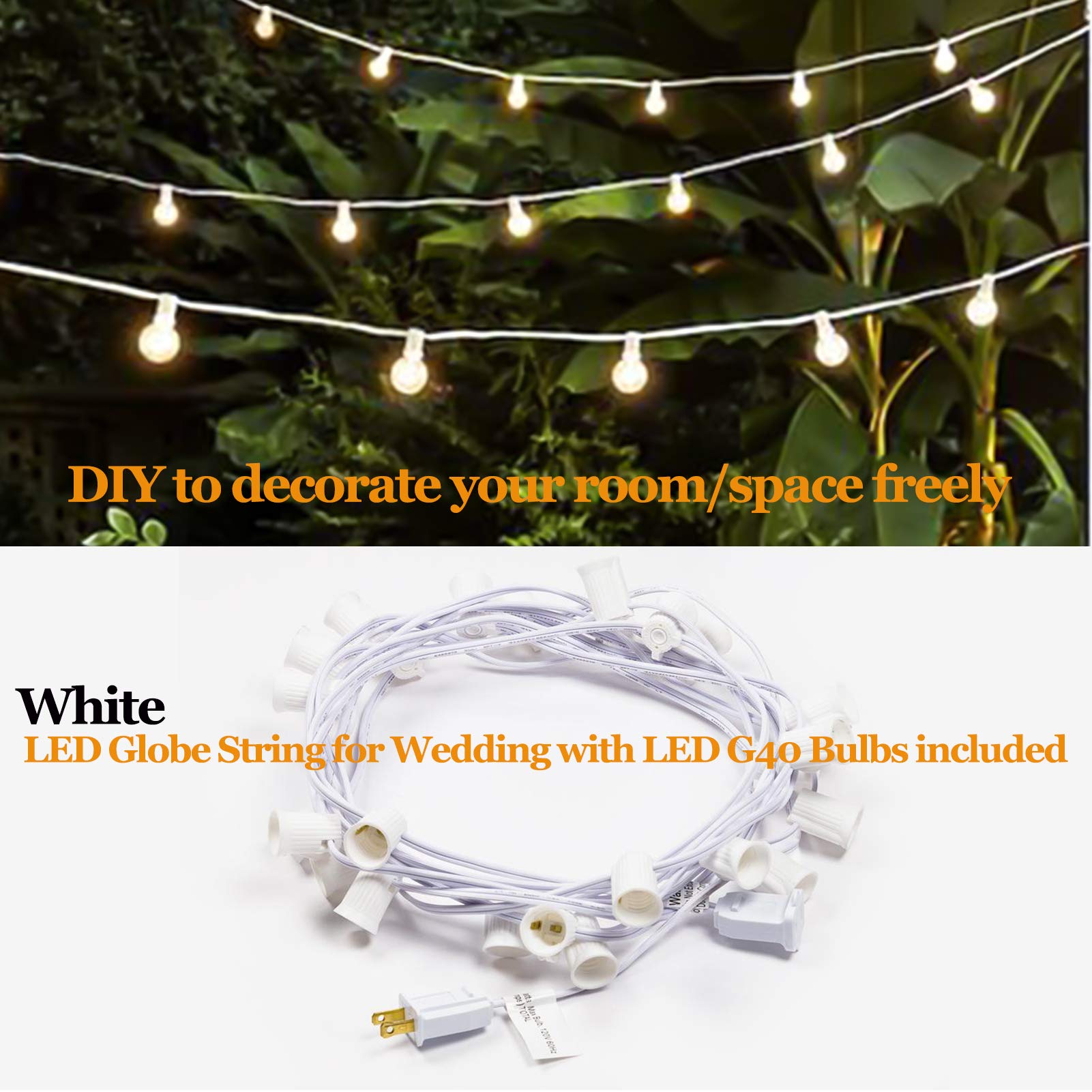 Meidaoduo Outdoor Globe String Lights White - G40 Outdoor Lights Patio String Lights Linkable Waterproof With 27 Shatterproof Cl