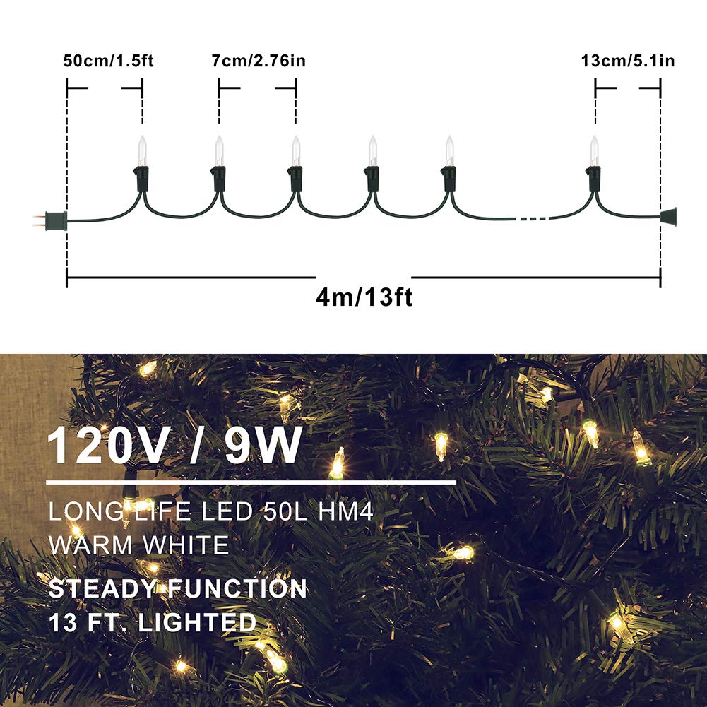 Hopolon 2-Pack 13Ft 50-Count Warm White & Clear Green Christmas Lights - Connectable 120V Ul Incandescent Mini Lights For Weddings, Bedrooms, Porches