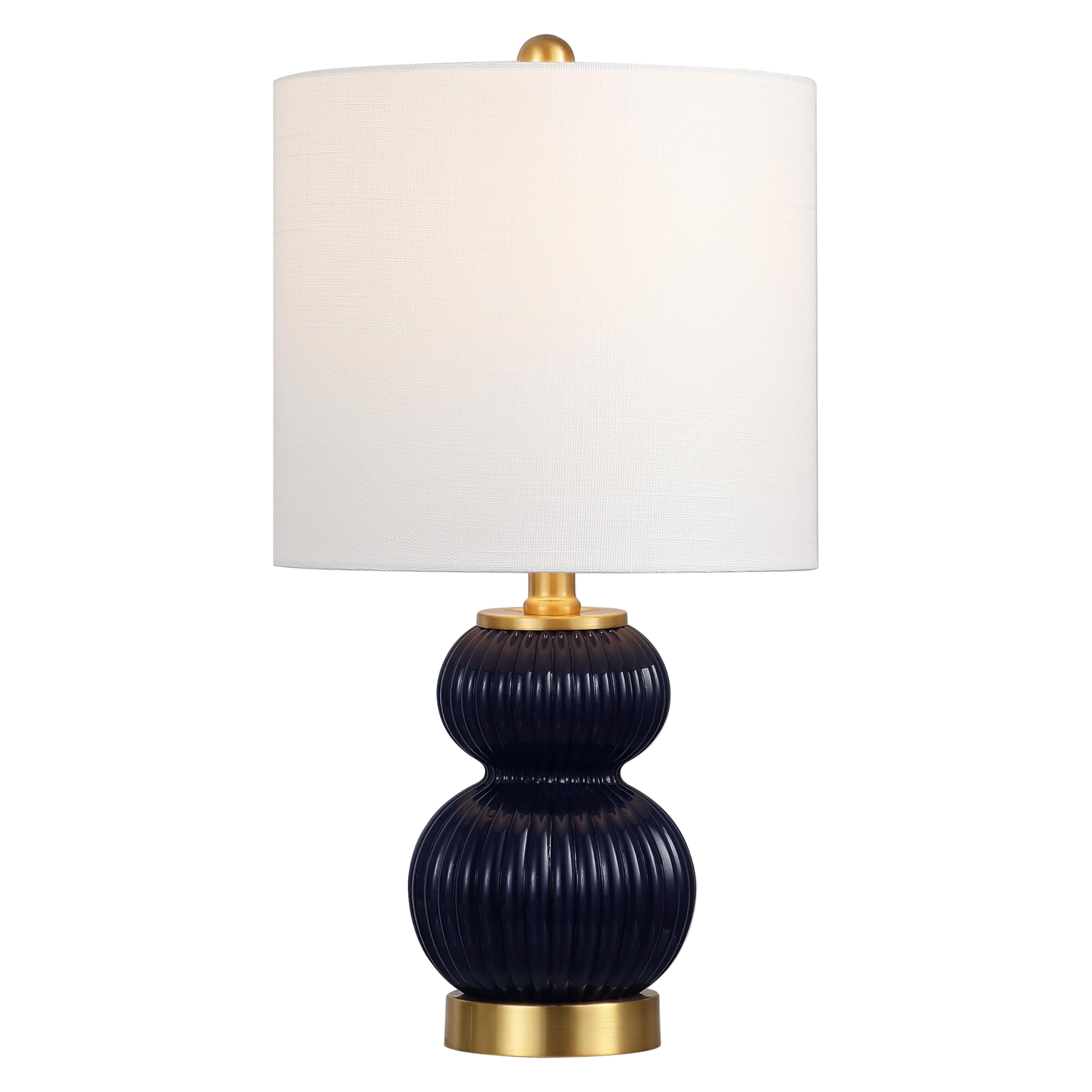 JONATHAN Y 20 Navy/Brass Gold Ribbed Gourd Glass Table Lamp, Modern Bedside Lamp for Bedroom Living Room, White Linen Drum Shade