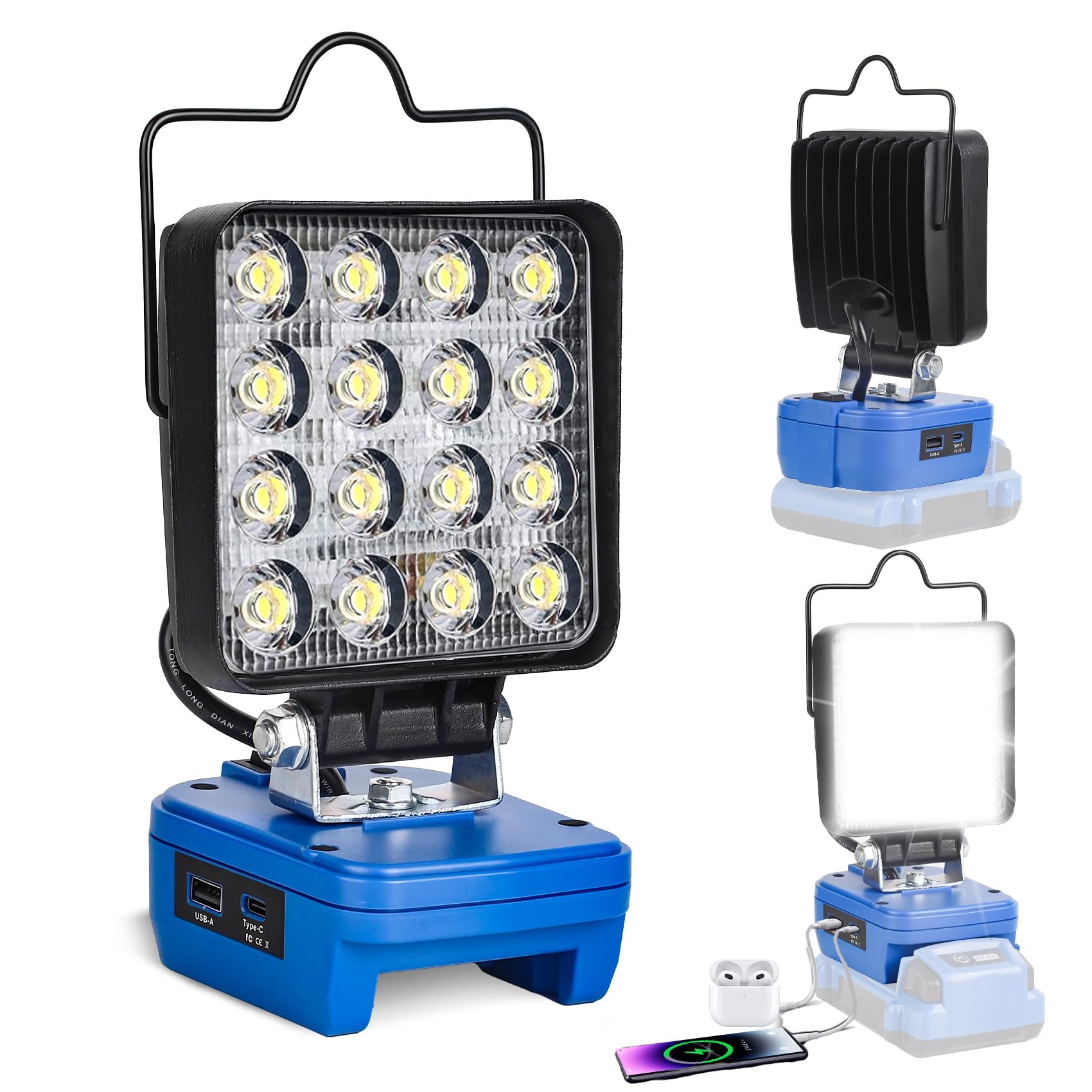 Fiihio Portable LED Work Light Compatible with Kobalt 24V Battery, 48W 4200LM Cordless Flood Lights with USB & Type-C Port, Low 