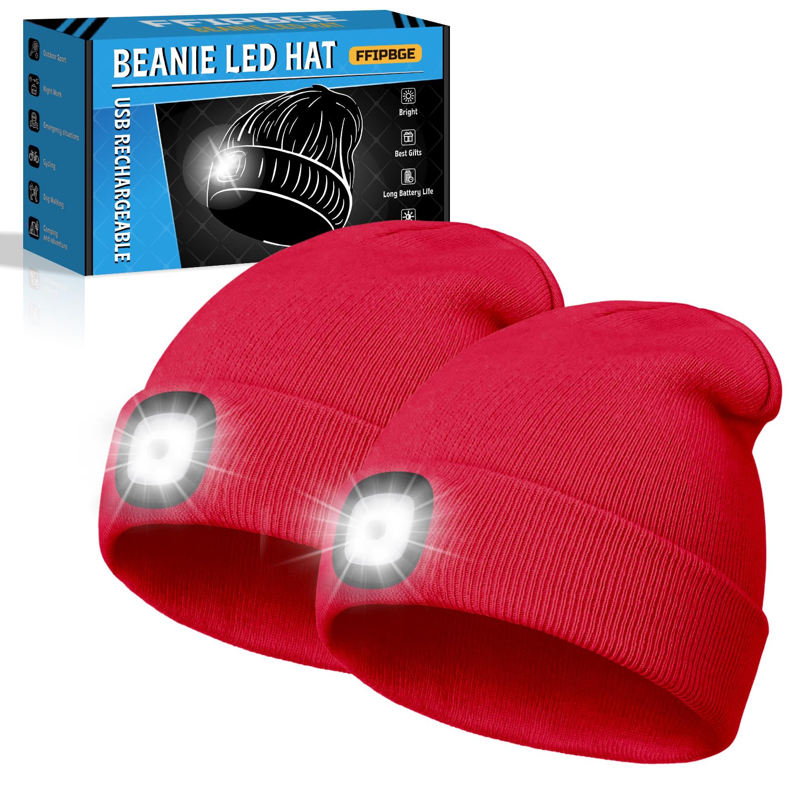 FFIPBGE Beanie Hats with Light, USB Rechargeable Headlamp, 2 Pack, Acrylic, Red, Model BHL2413