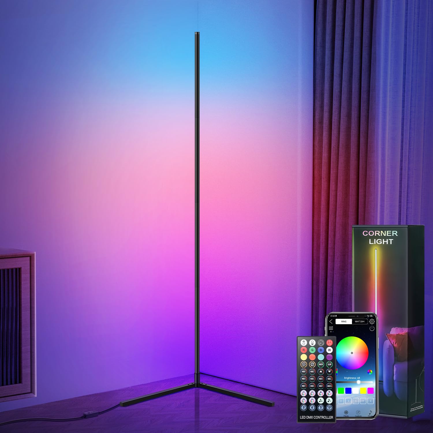 Corner Floor Lamp, Smart Adjust Rgb Led Lights With 20 Million Colors & 800+ Modes, Music Sync, Timer Setting, Bluetooth App & Remote Control – Ideal For Living Rooms, Bedrooms, And Gaming Rooms