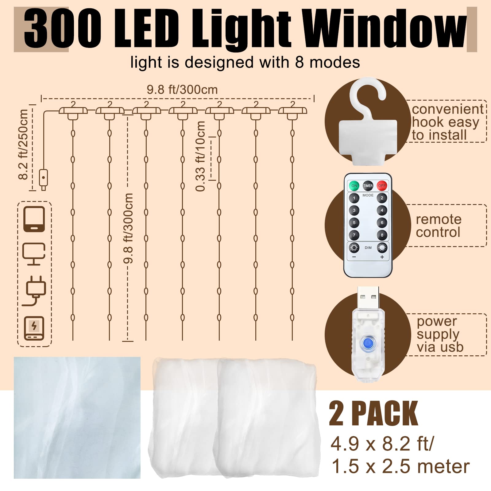 Tulle Backdrop Curtains with 300 LED Lights String for Wedding Backdrop Bridal Shower Party White Backdrop Fabric Drapes with US