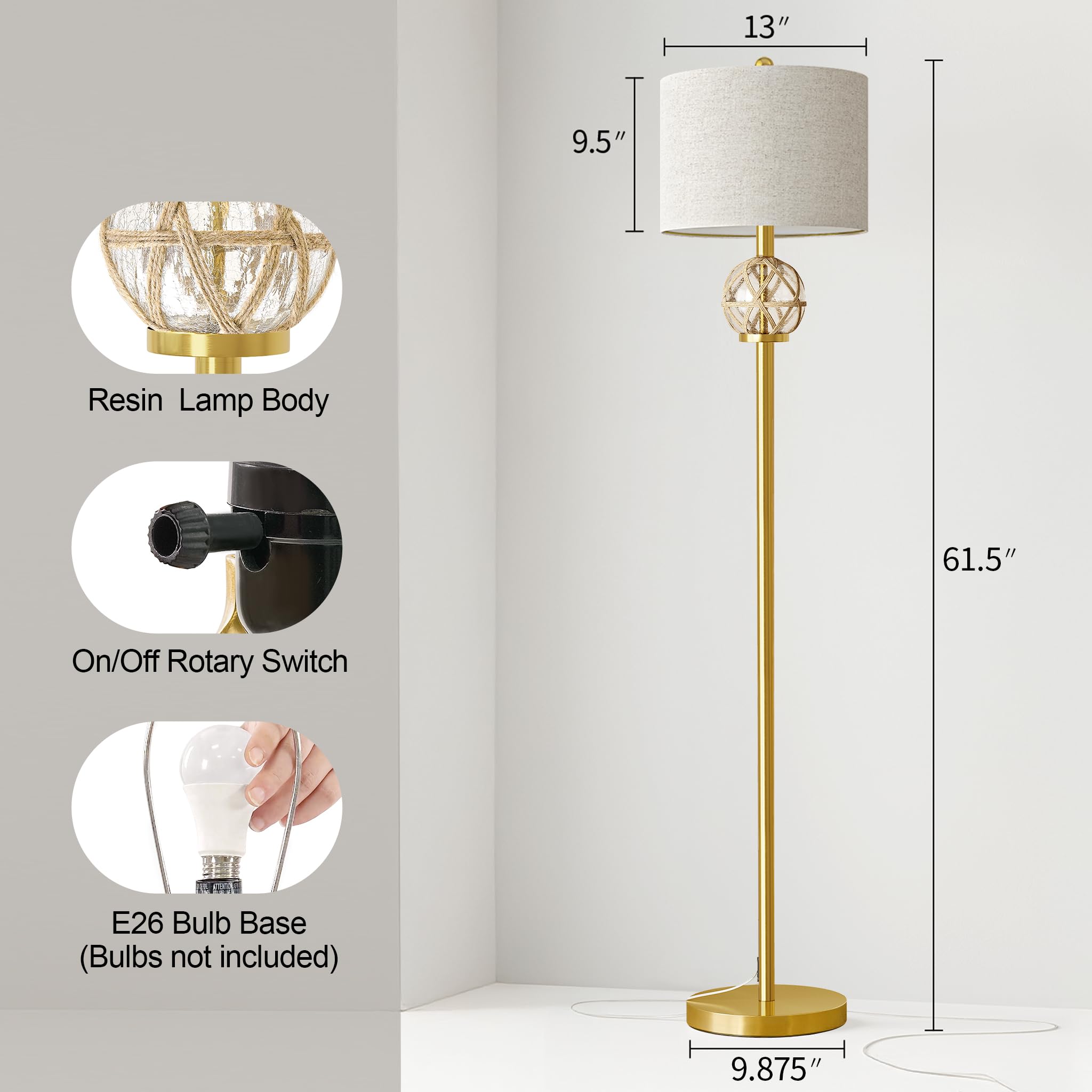 Oneach 61.5Modern Floor Lamp For Living Room, Gold Boho Standing Lamp With Rattan Glass Design, Rotary Switch, Farmhouse Tall La