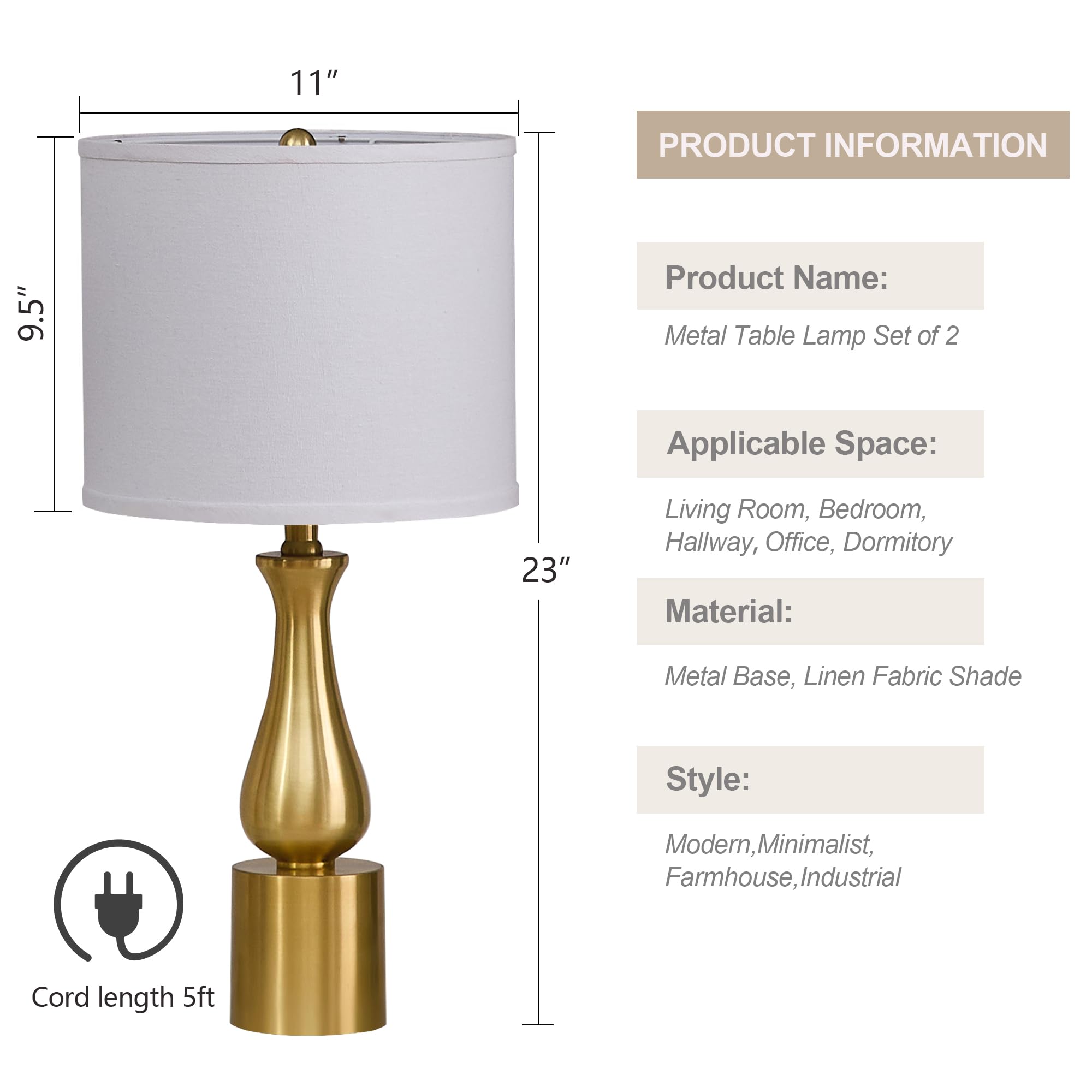 23'' Modern Gold Lamps Set Of 2 For Bedroom, Minimalist Gold Table Lamps For Living Room Set Of 2, Small Gold Table Lamps For Ni
