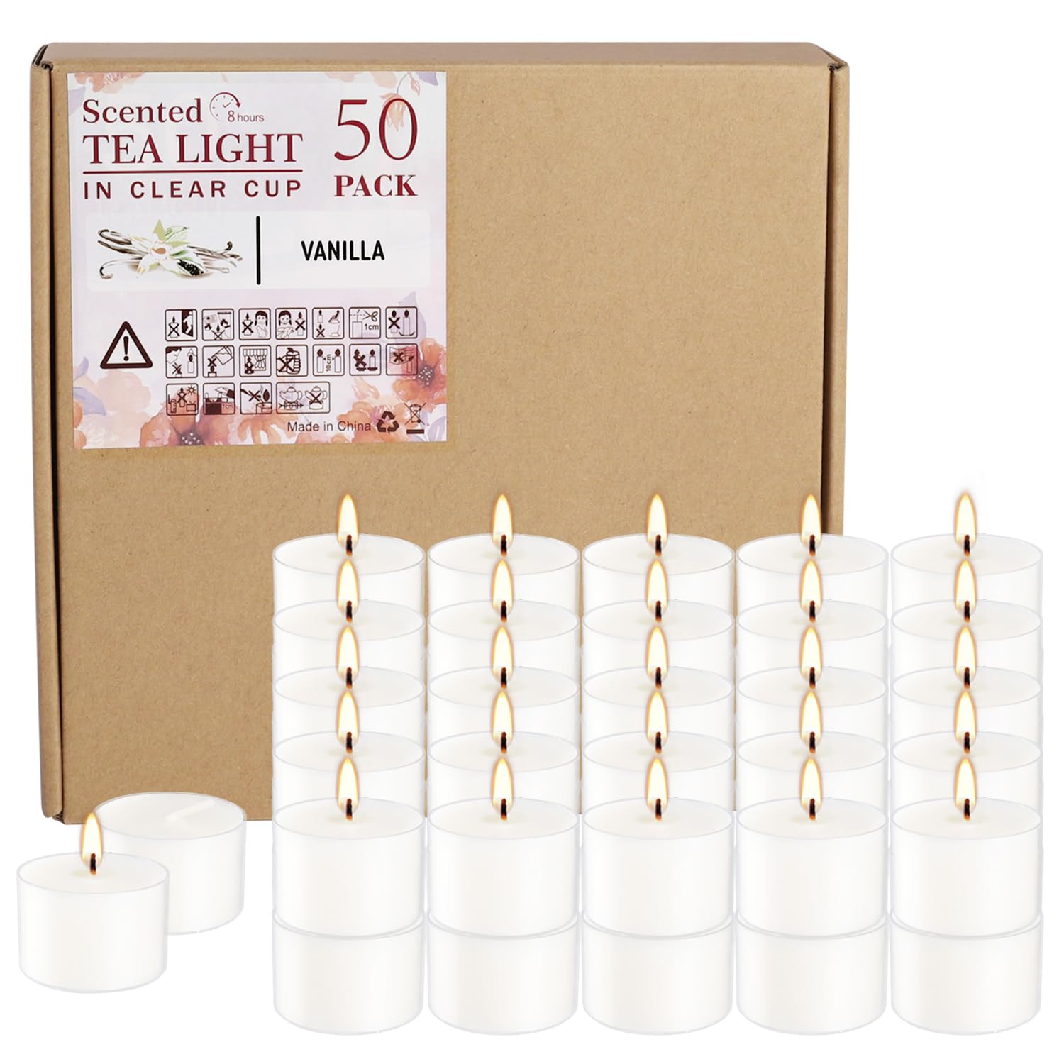 Wfmolcand Set of 50 White Scented Tealight Candles, Vanilla Fragrance, Long Burning, 1 inch, Clear Container