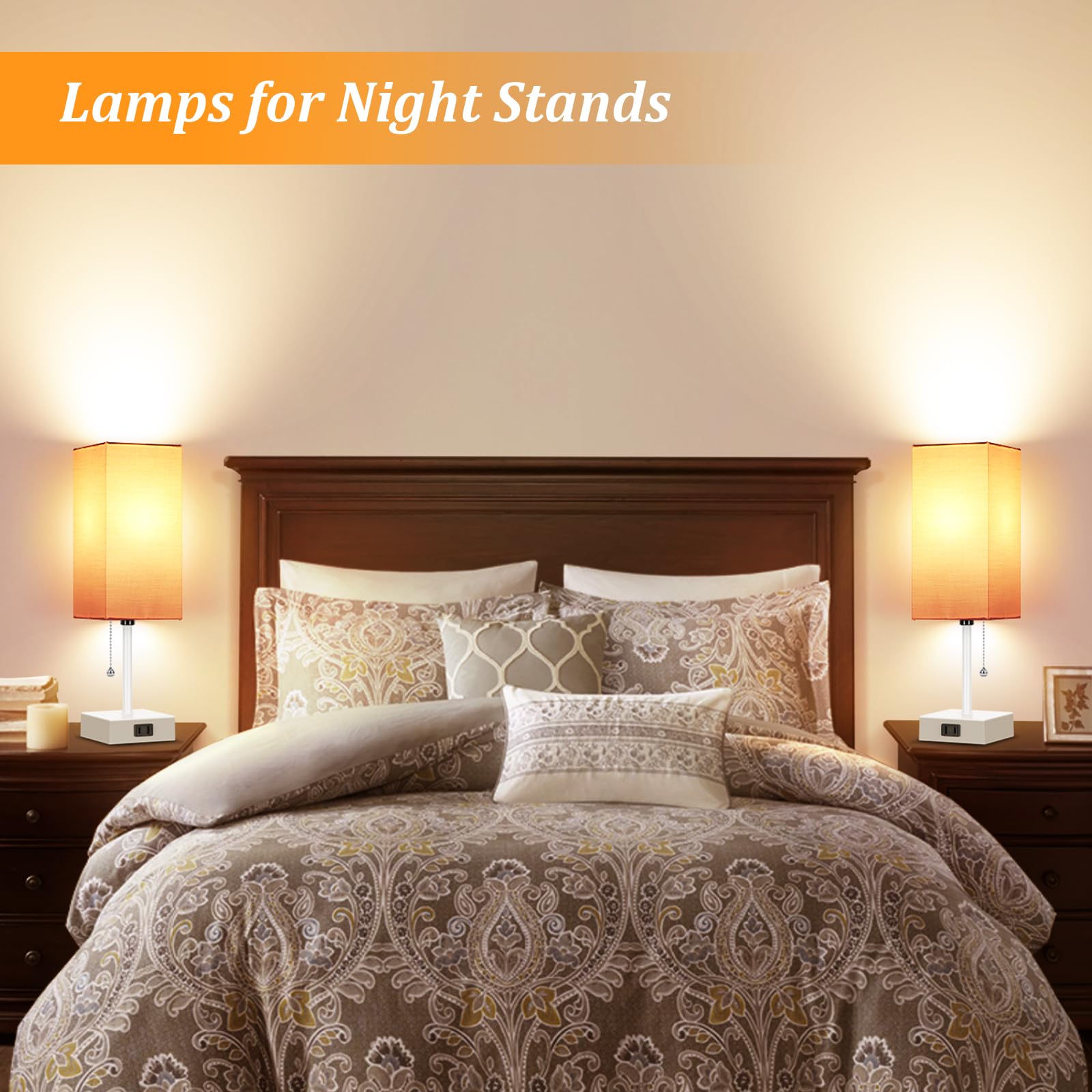 Table Lamp For Bedroom Set Of 2,3-Color Bedside Lamps With Pull Chain Table Lamps For Nightstand With Ac Outlets,Small Night Lig