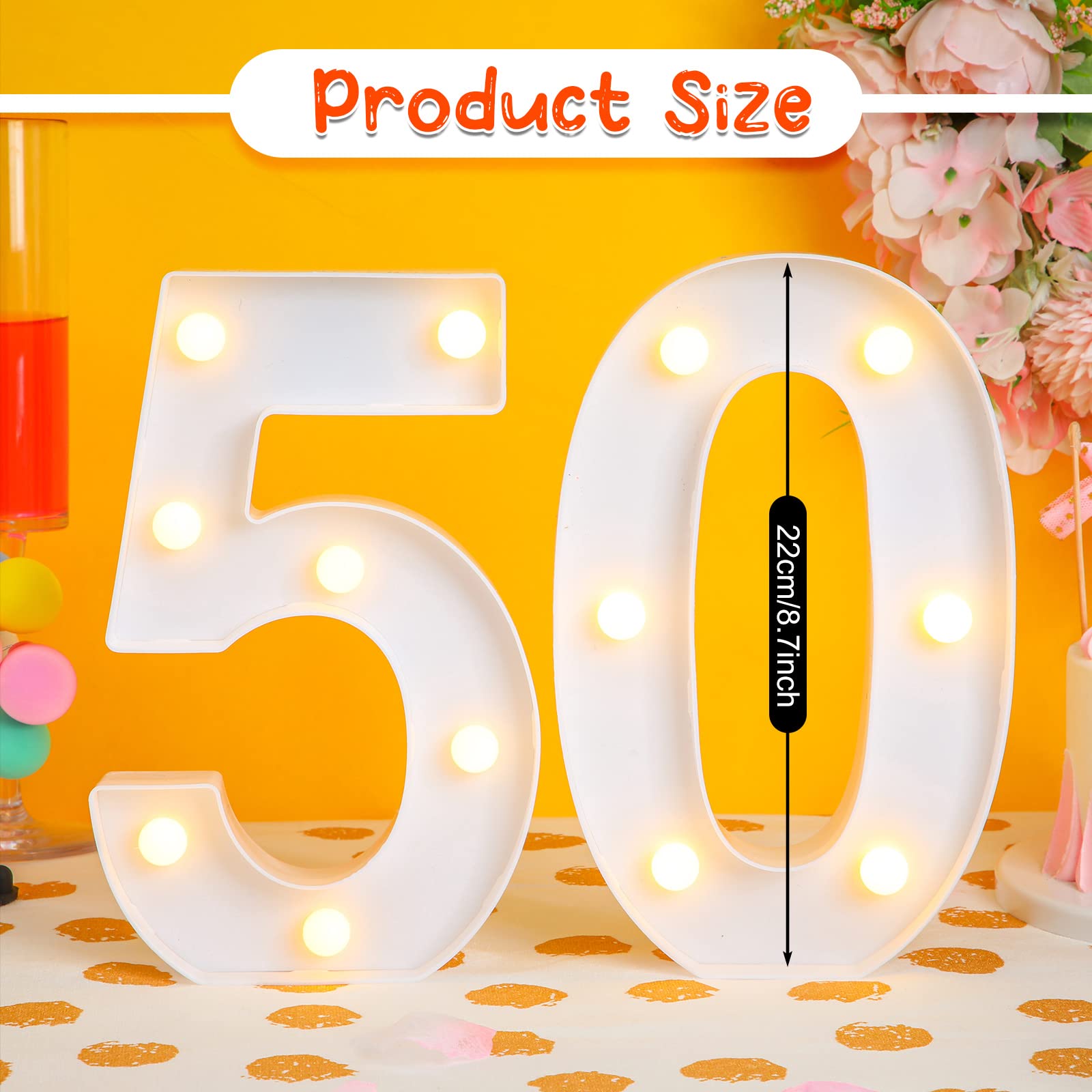 Treela LED Birthday Number Sign, Glitter Marquee Light Up 50th, White, Model Treela-Light -01, Party Decorations