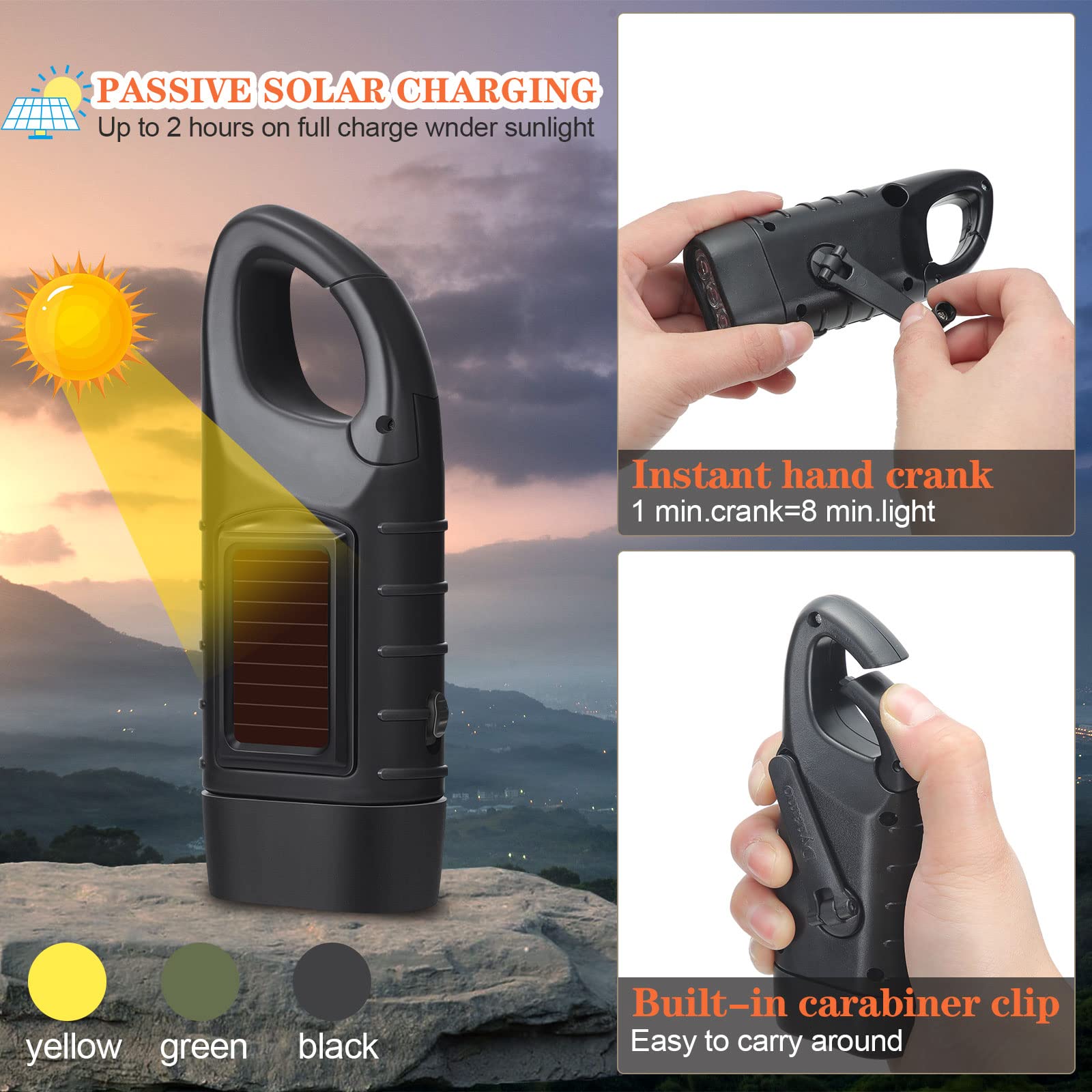 Mudder Hand Crank Solar Powered Flashlight, Emergency LED, Rechargeable, Green Yellow Black