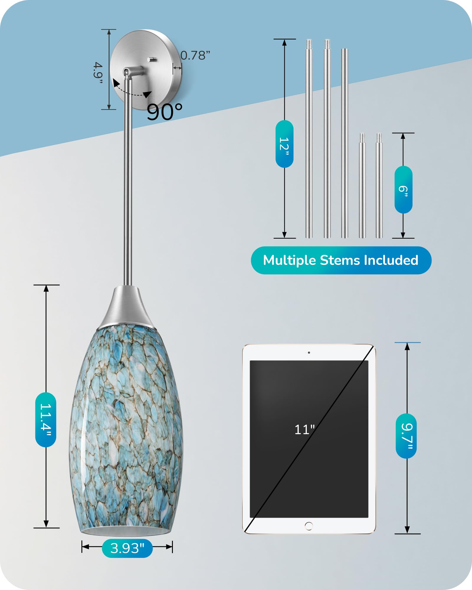 EDISHINE Pendant Light, Hand Blown Glass, Adjustable Brushed Nickel Rods, Light Blue, Model HHPL08C