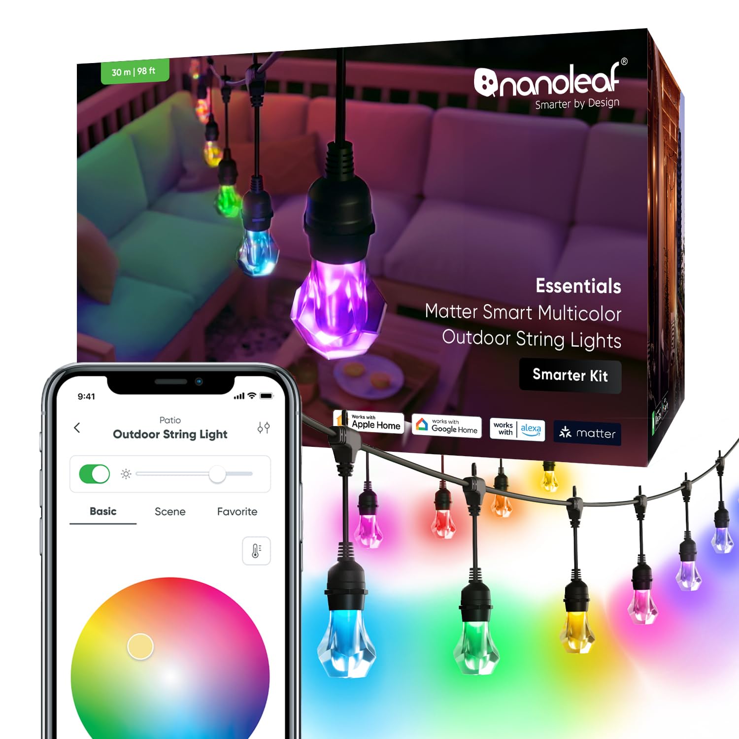 Nanoleaf Essentials Matter Smart Multicolor Outdoor String Lights Smarter Kit with Addressable RGBICW LED Bulbs, White and Color