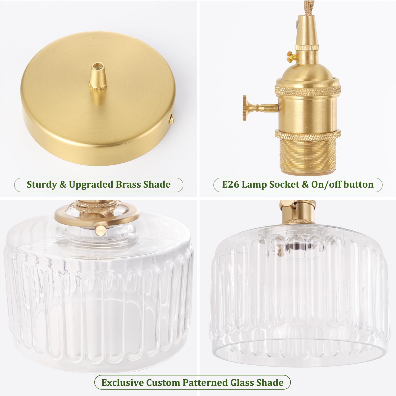 Shenmoyl Pendant Light With Clear Striped Glass Lmapshade, Brass Vintage Pendant Light Adjustable Hanging Light For Kitchen Isla