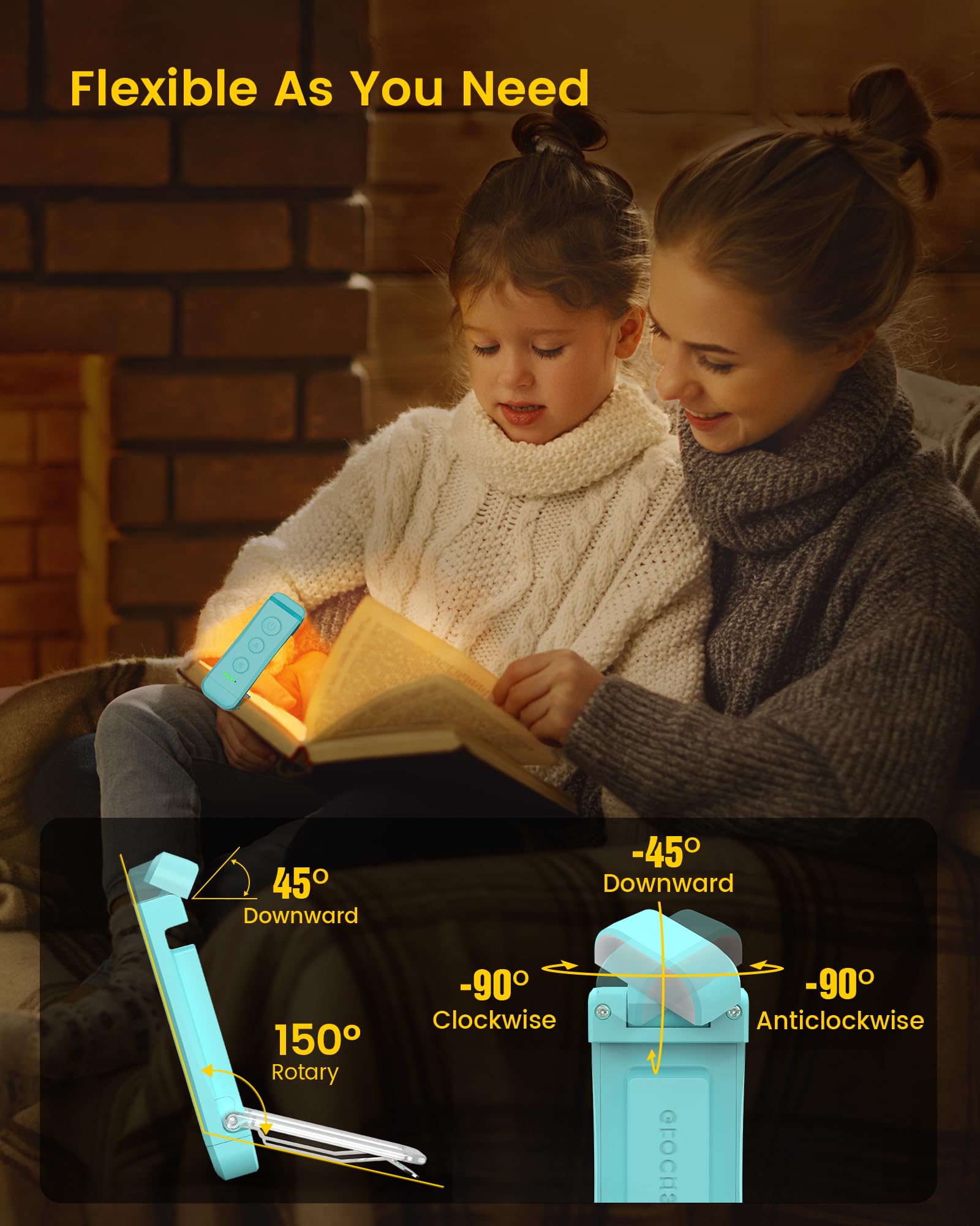 Glocusent USB Rechargeable Clip-on Book Light, 3 Amber Colors, 5 Brightness Levels, Small, Blue, Model A15, Ideal for Reading in Bed