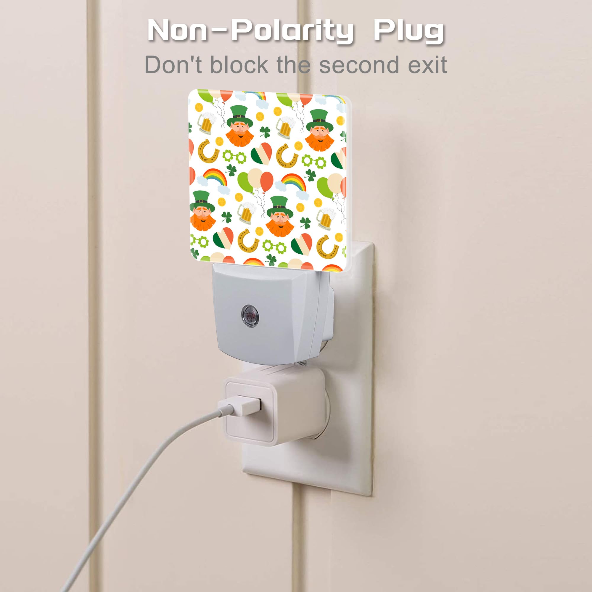 St. Patrick'S Day Cute Pattern Night Light For Kids,Green Shamrock Leprechaun And Rainbow Night Light Plug In With Dusk To Dawn