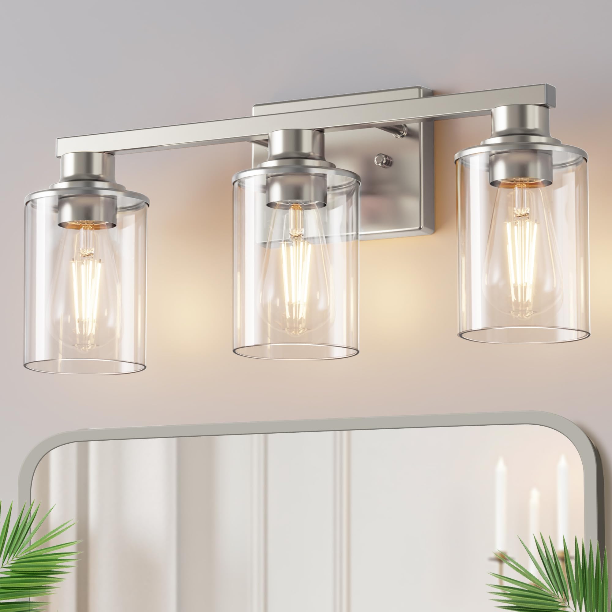 Doresshop 17 Inch Bathroom Light Fixtures  3-Light Nickel Bathroom Lighting Fixtures Over Mirror With Clear Glass Shade  Vanity Lights For Living Room Bedroom