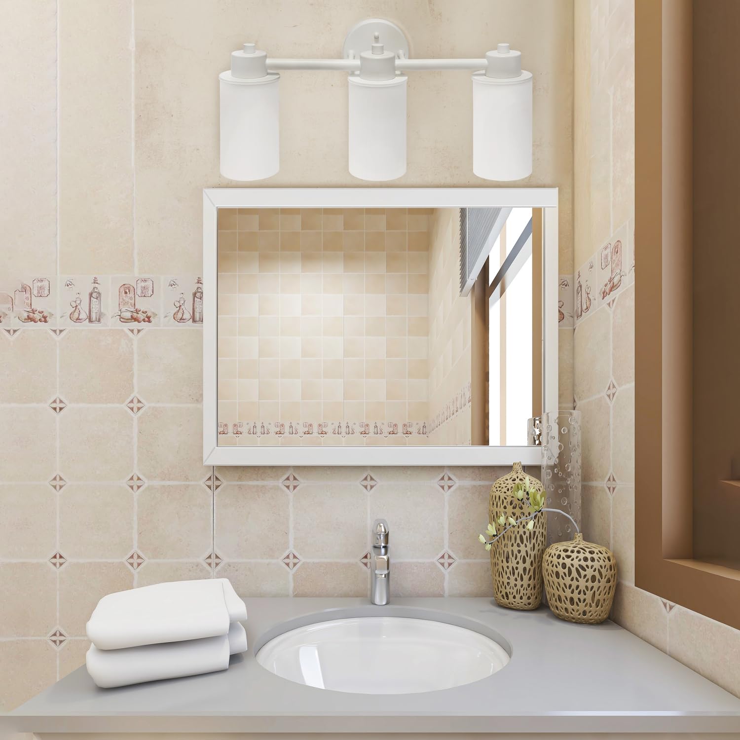 Simple Designs Modern Wall Mounted Vanity Fixture, 3 Light, Metal, Milk White Glass Shades, 20.75in, VT1024-WHT, White
