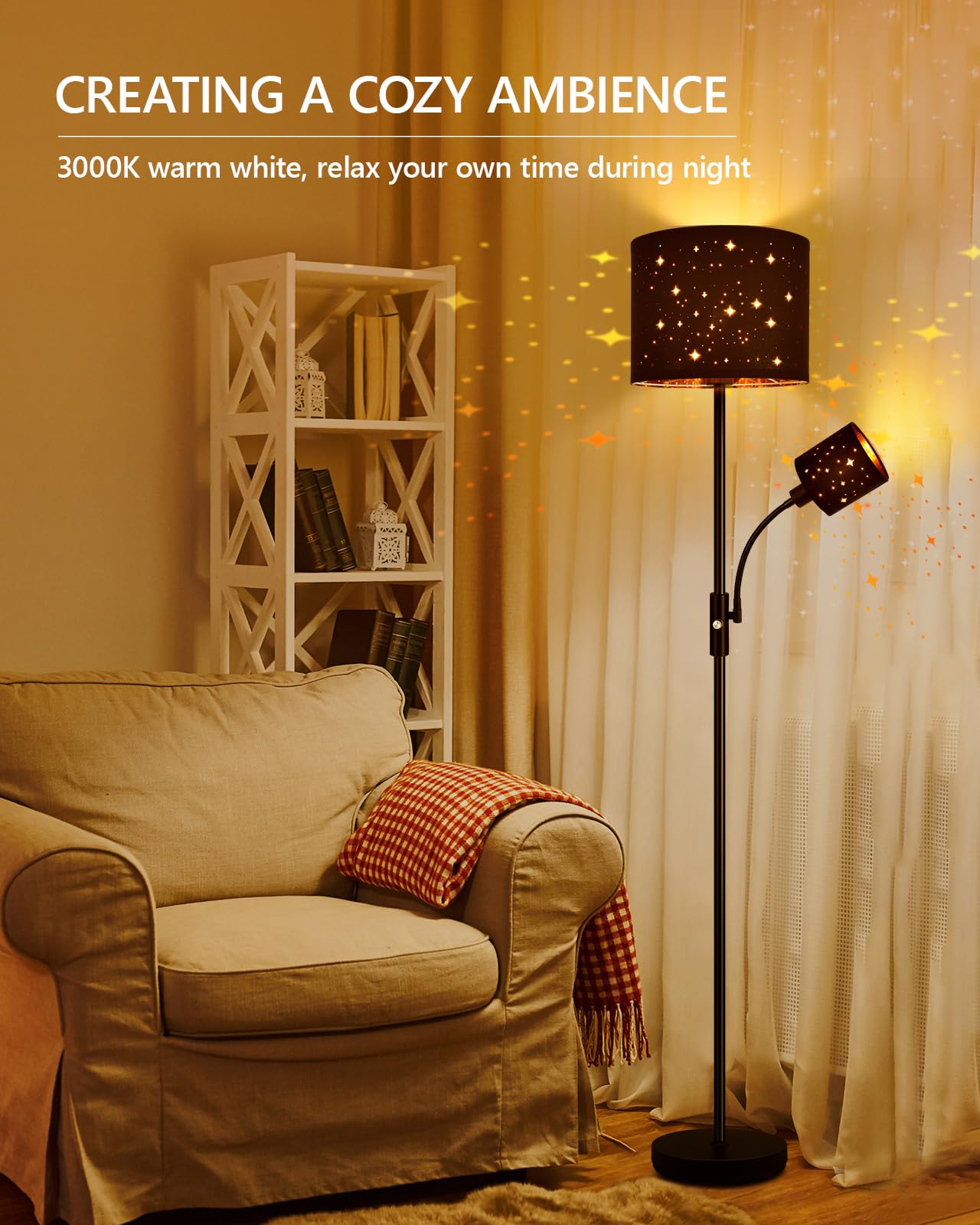 Floor Lamp Black, Reading Standing Lamps For Living Room, 62'' Tall Torchiere Lamp For Kids Room, 3-Way Switch, Star-Gold Lampsh