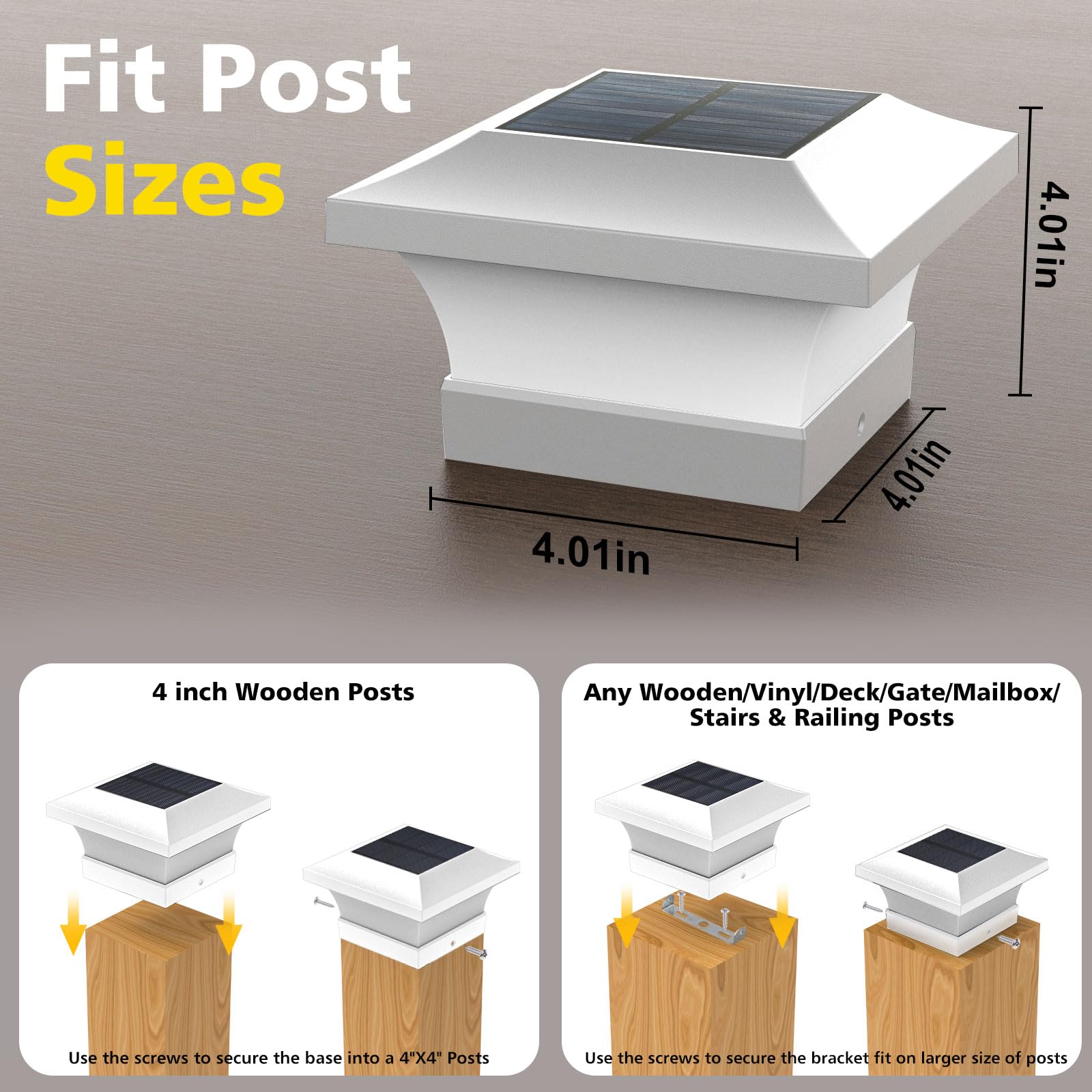 T-SUN Solar Post Cap Lights, Waterproof 6000K Cool White, 6 Pack, for 4x4 Wooden/Vinyl Posts, White, Model TS-GL0403