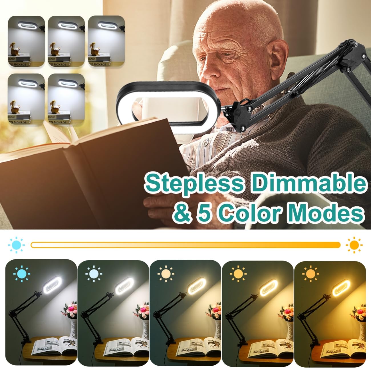 Ivmaie 10X Rectangle Magnifying Glass With Light, 5 Color Modes Stepless Dimmable Magnifier With Stand, Led Lighted Clamp Desk L