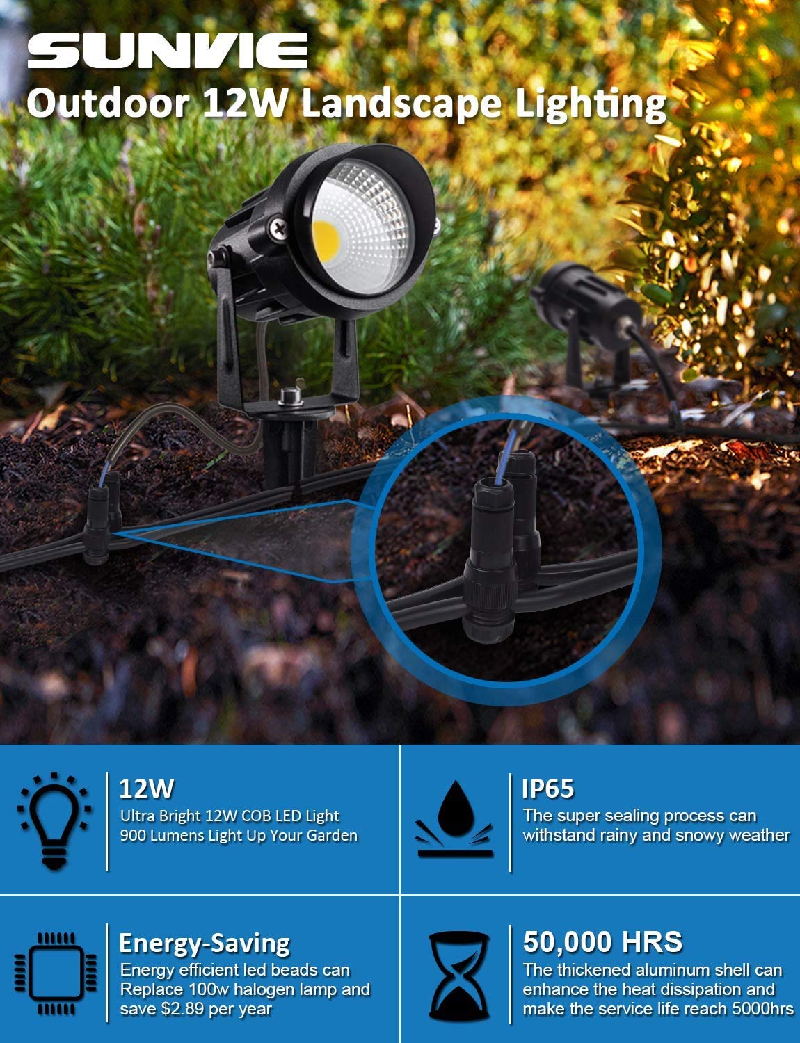 Sunvie 12W Low Voltage Led Landscape Lights, 900Lm Warm White, Waterproof, 12 Pack With Connectors