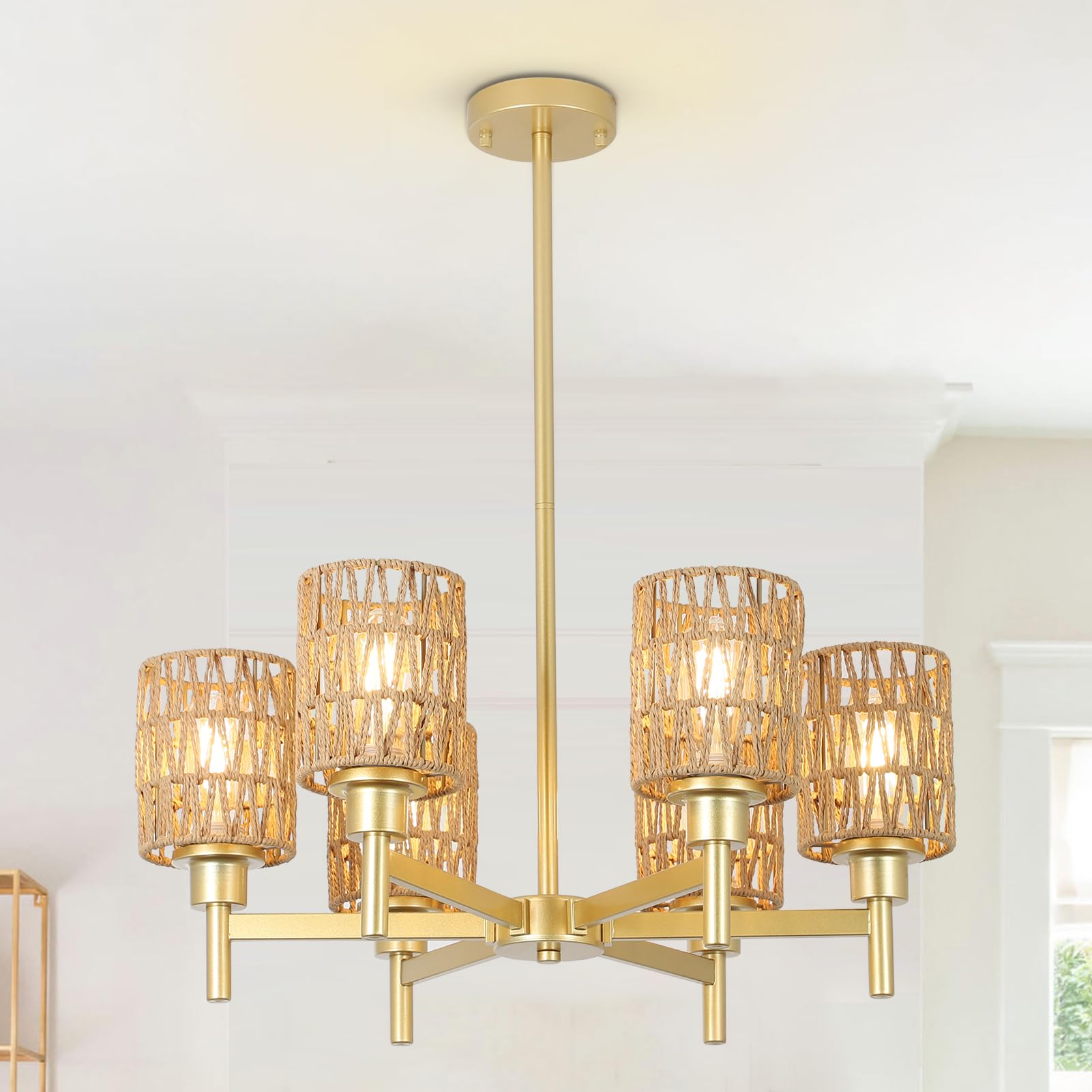 6-Lights Gold Chandelier Light Fixture - Boho Rattan Chandeliers For Dining Room, Farmhouse Kitchen Lighting Fixtures Ceiling, H