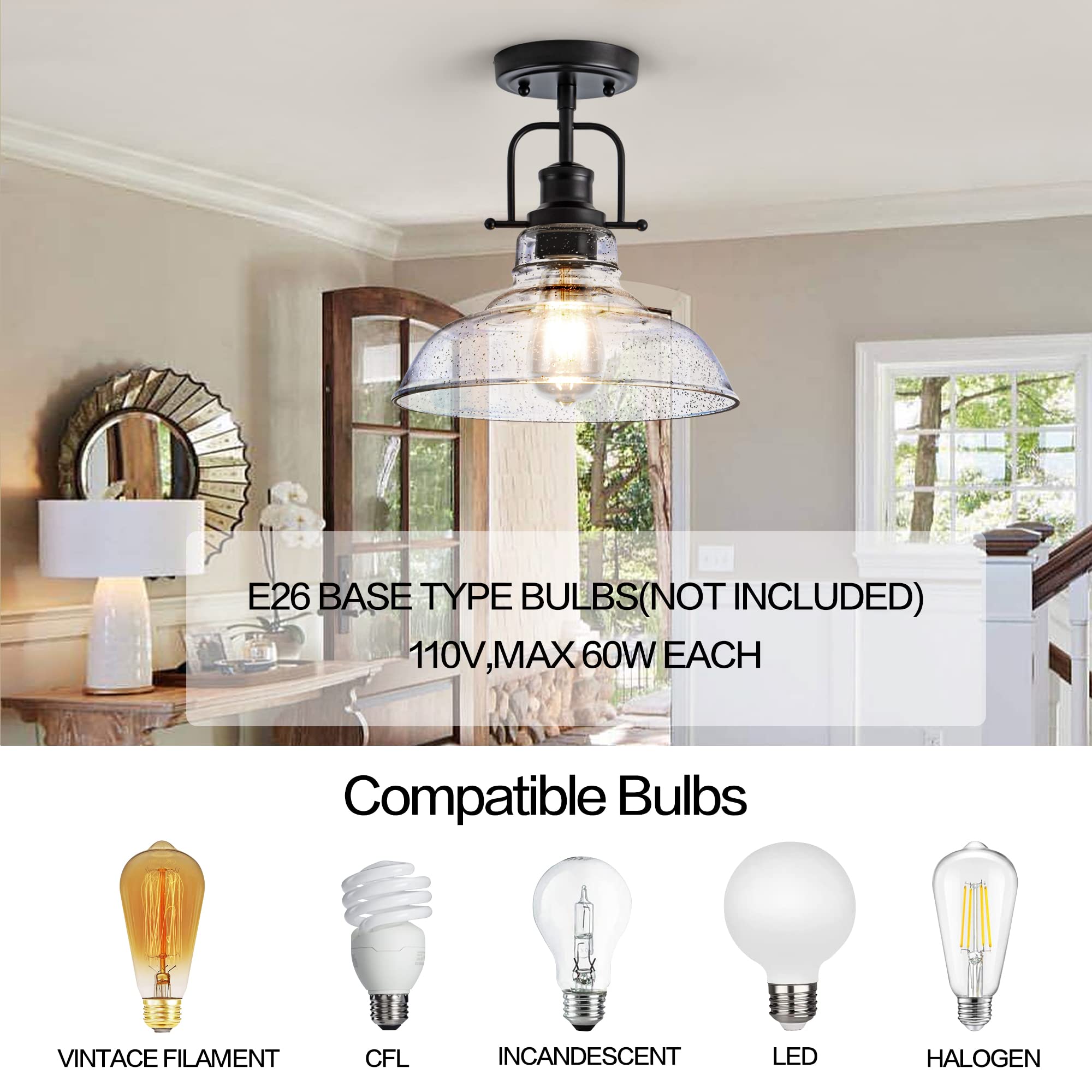 Zlepmlla Flush Mount Ceiling Light Fixture, Black Metal Frame & Seeded Glass, Model 8726-1x, Ideal for Kitchen Island & Entryway