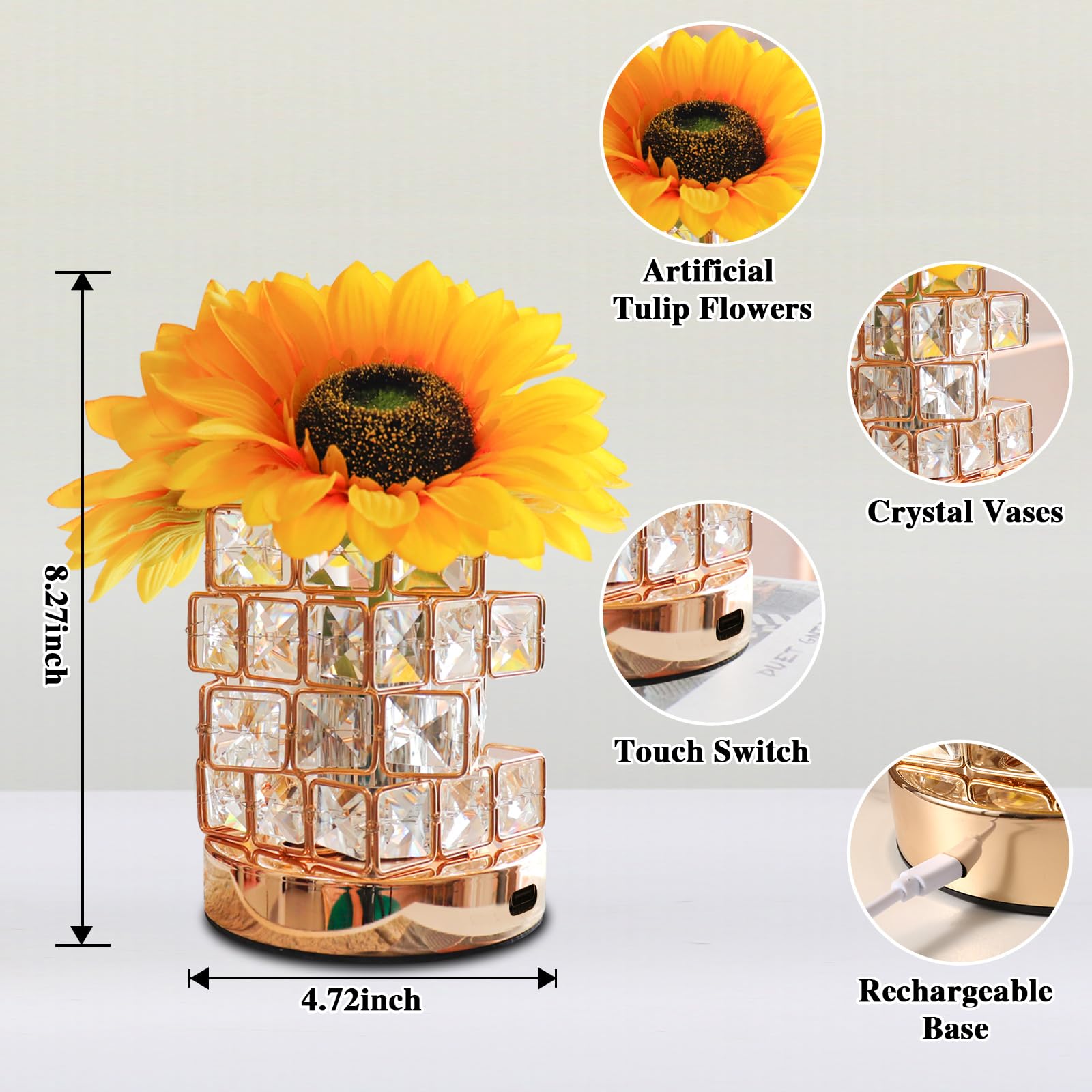 Birthday Gifts For Women/Mom Sunflower Cordless Table Lamp ,3 Color Crystal Lamps Touch Bedside Lamps Infinitely Dimming With Us