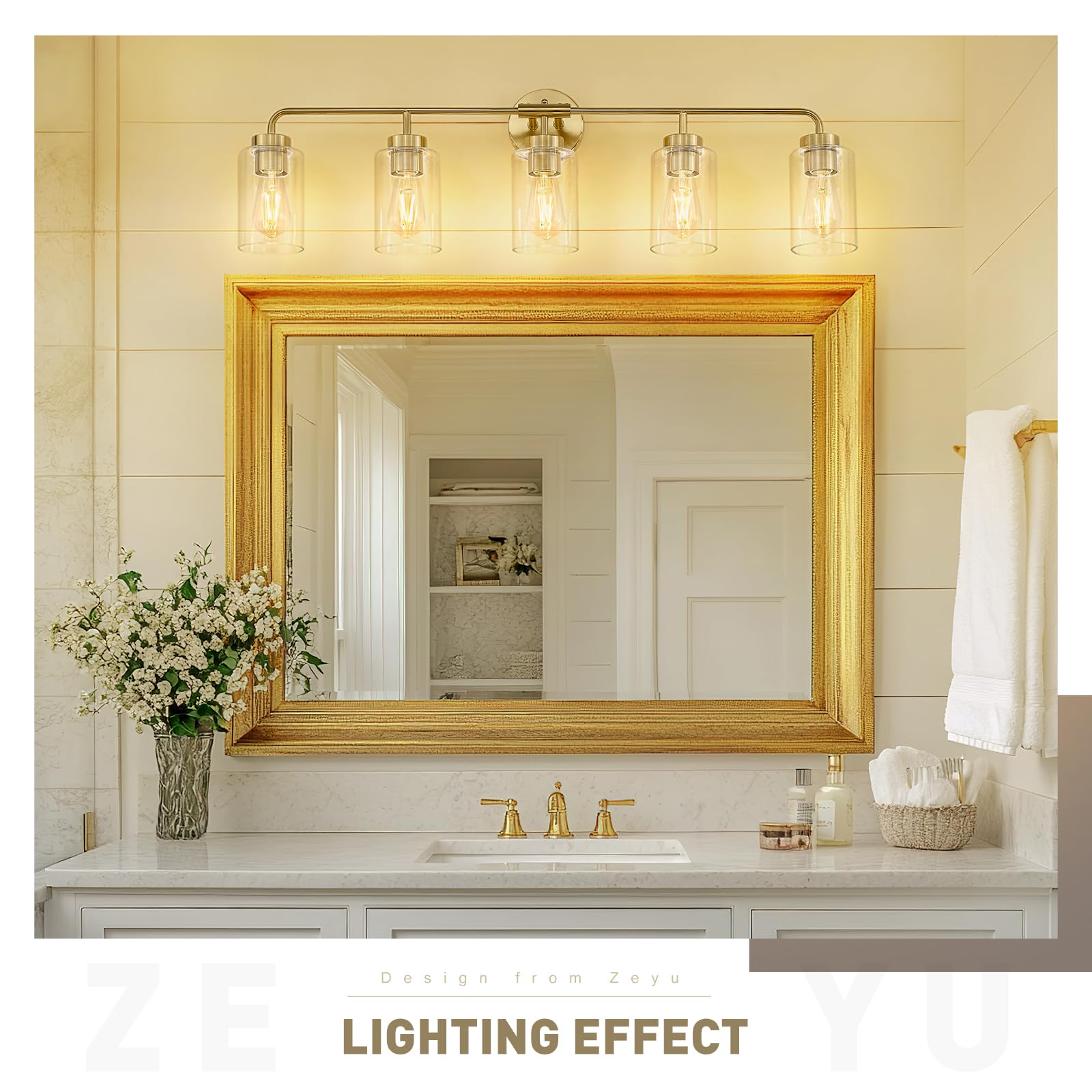 Zeyu 5 Light Sconces Wall Lighting  37 Inch Bathroom Vanity Light Fixtures  Brushed Gold Finish  Clear Glass Shade  Zs62B-5W Bg