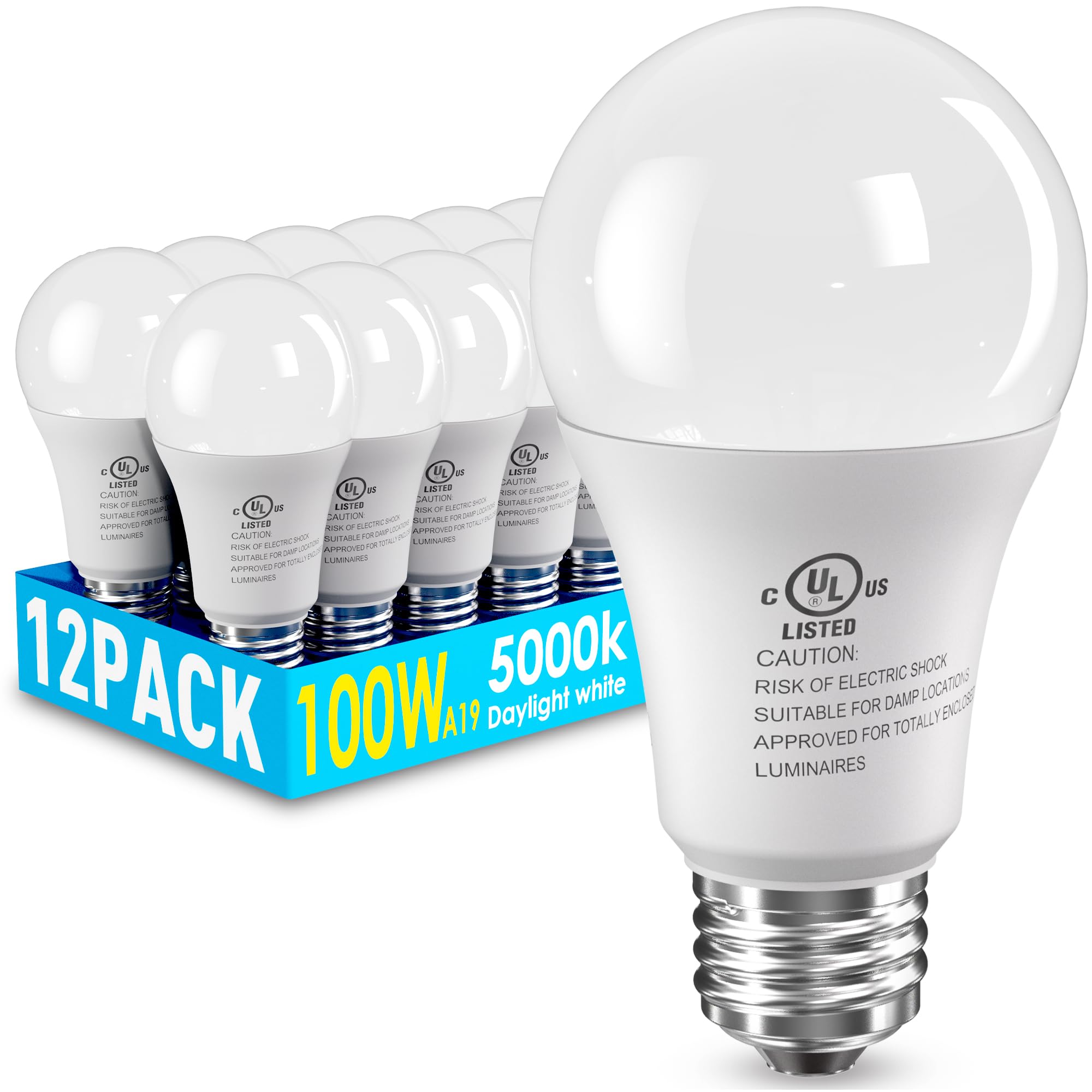 12 Pack Led Light Bulbs 100 Watt Equivalent, A19 15W 5000K Daylight, Super Bright White Light 1500 Lumens, E26 Standard No Flick