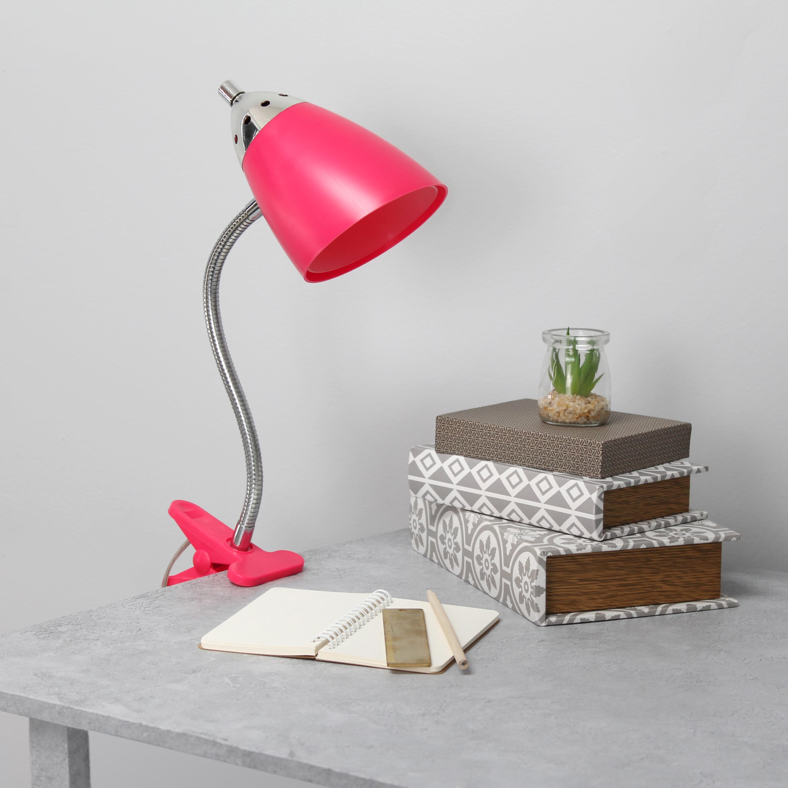 Simple Designs Ld2001-Pnk Flossy Flexible Gooseneck Desk Lamp Clip Light, For Desks, Nightstands, Reading, Pink