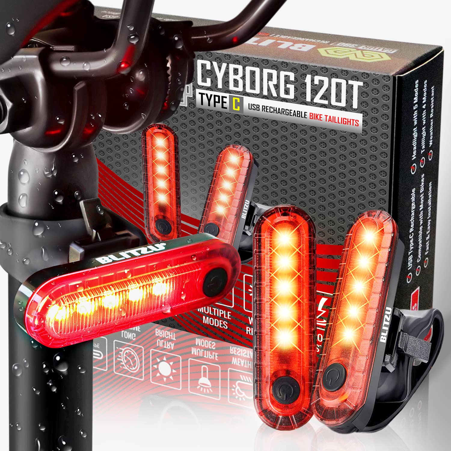 BLITZU USB-C Rechargeable Bike Tail Light 2 Pack - Bright Red Safety Flashlight with 4 Light Modes for Night Riding, Ideal for Adults & Kids