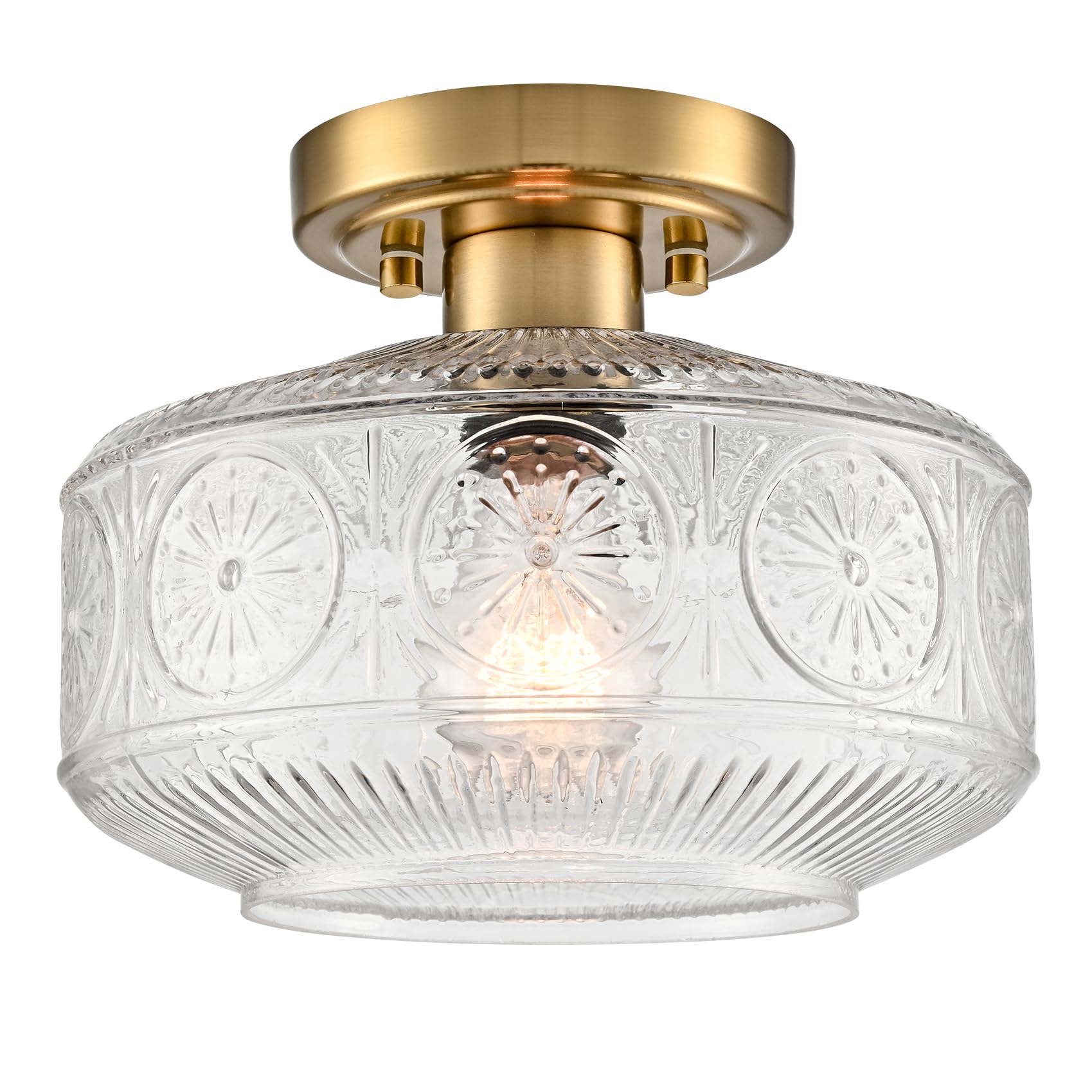 DAYCENT Modern Gold Semi Flush Mount Ceiling Light 9-Inch Small Vintage Clear Glass Flush Mount Lighting Hardwired Brass Ceiling