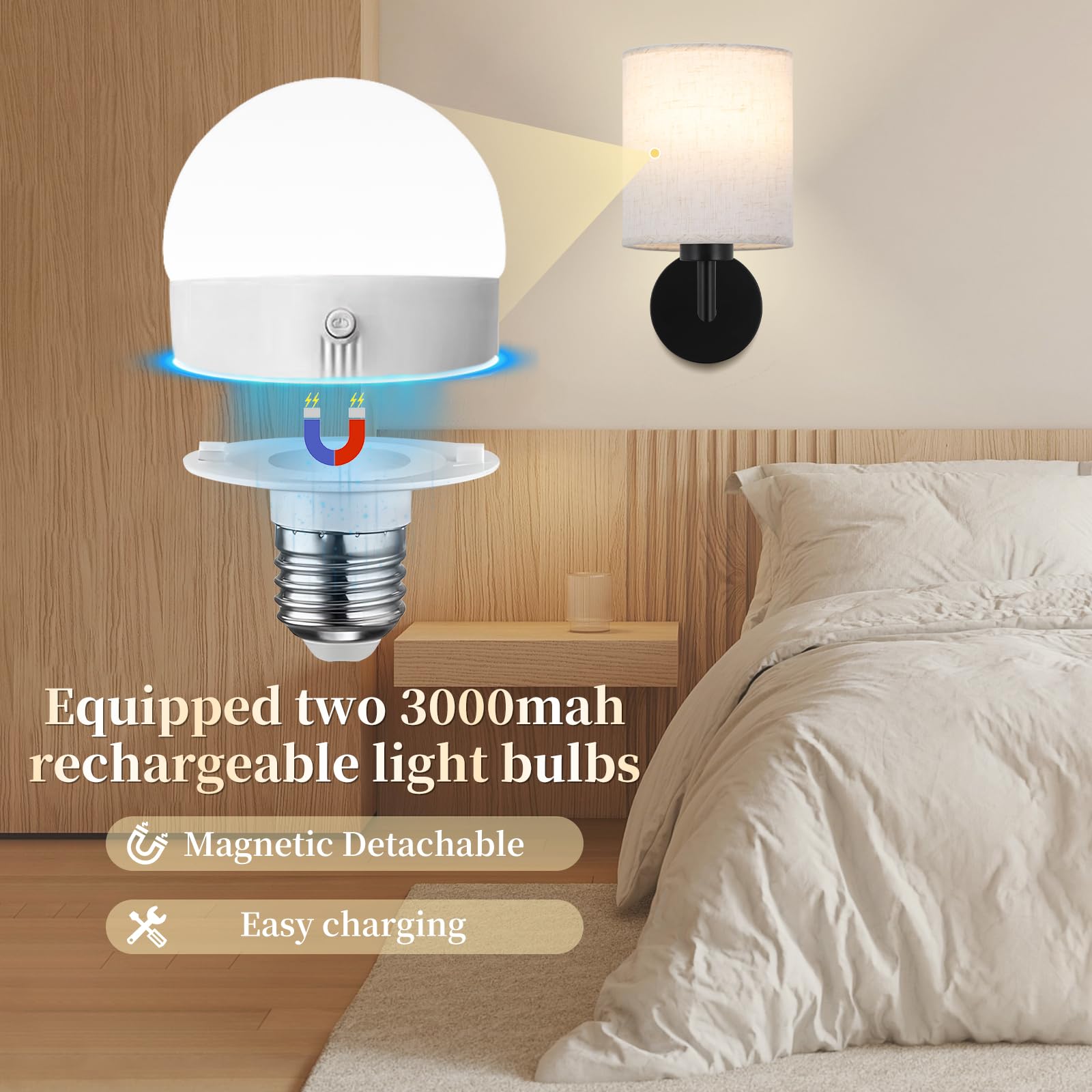 XIGUCUCN Rechargeable Wall Sconce Set of 2, Battery Operated, LED Bulb, 15 Colours Dimmable, Black, Model XG-WL03BK
