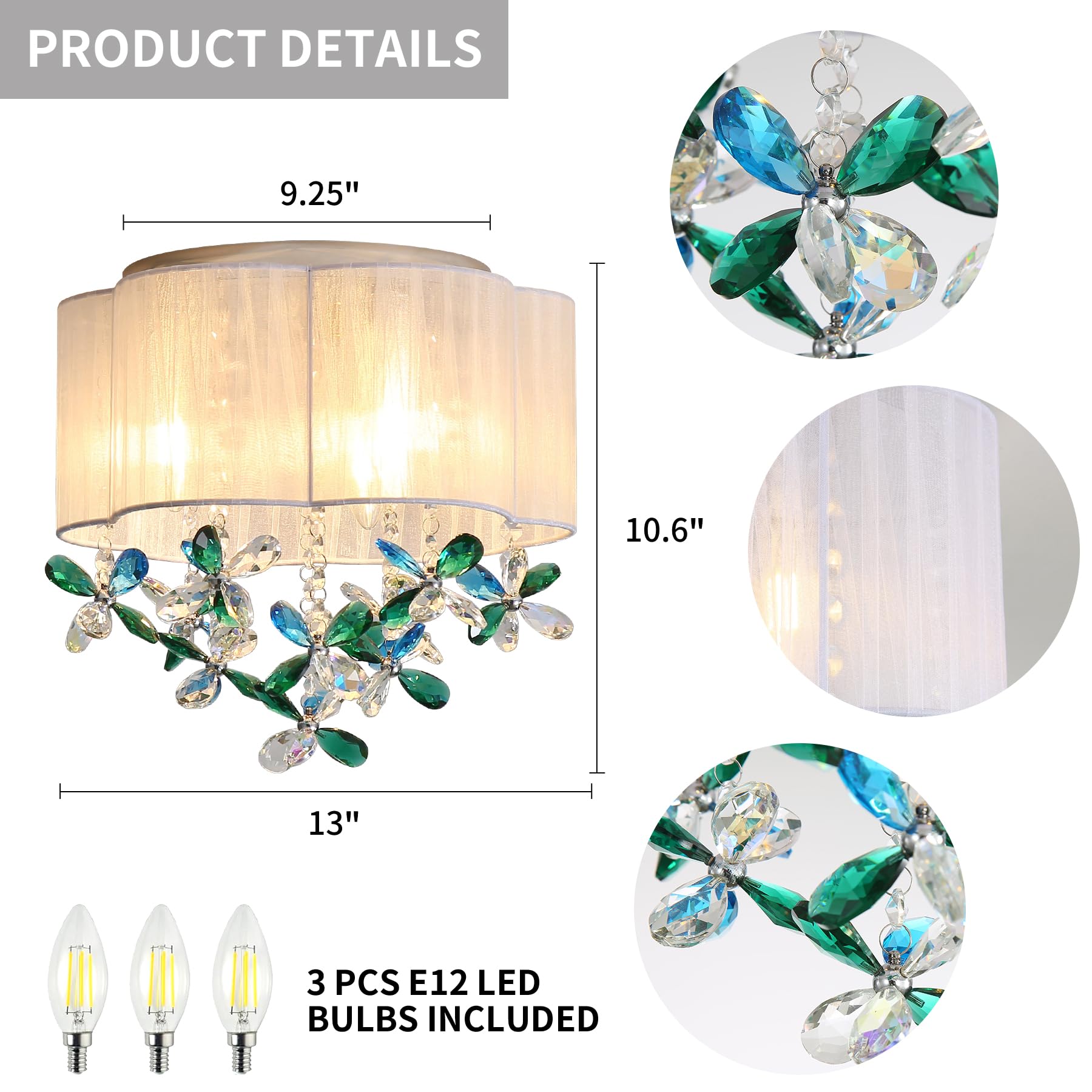 3 Light Mini Chandelier Bedroom Ceiling Light 13'' Small Crystal Chandelier Farmhouse Flush Mount Light With Handmade Flower Lam