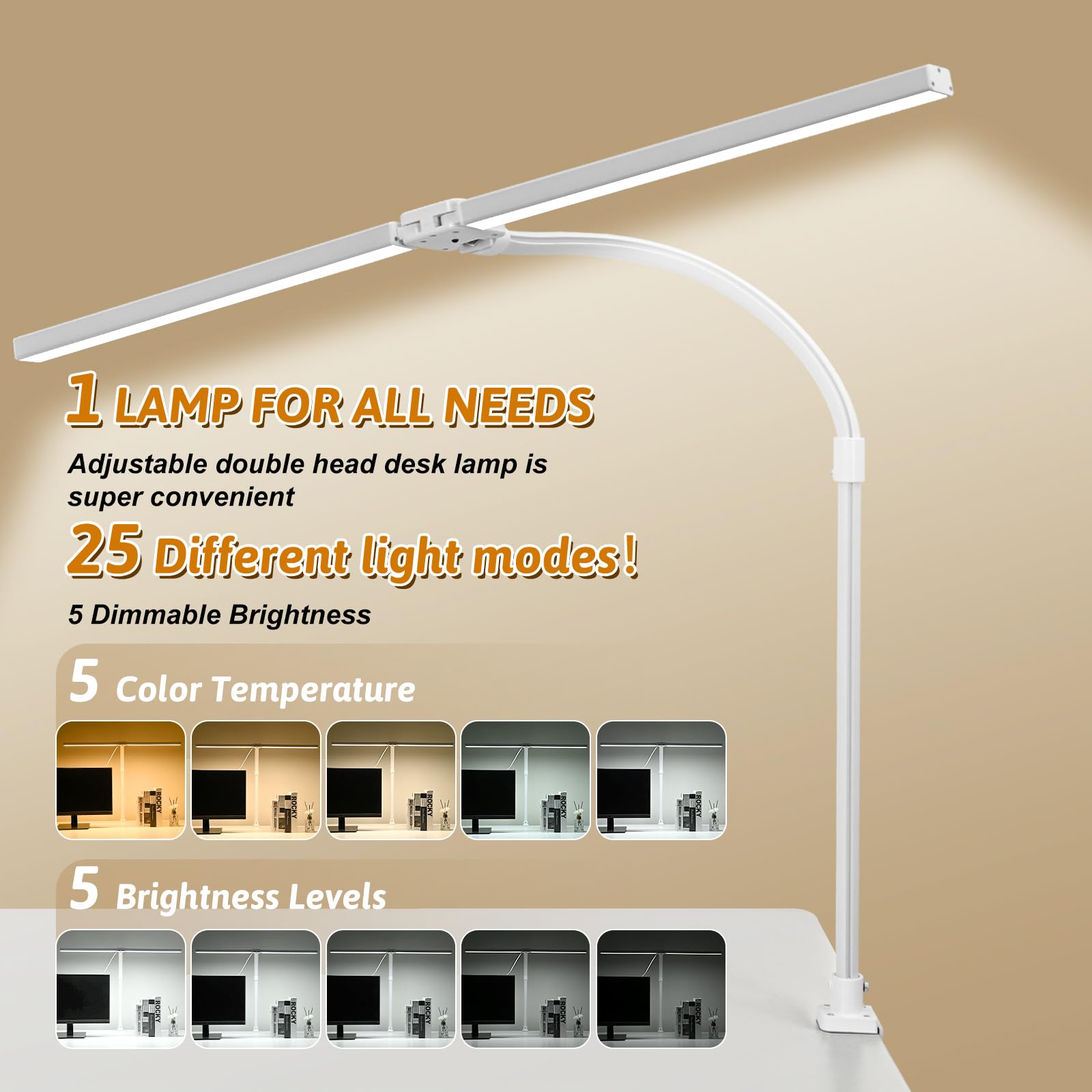 MACASA Double Head LED Desk Lamp with Remote Control, 24W Brightest, Clamp Size, White, Model S01-White
