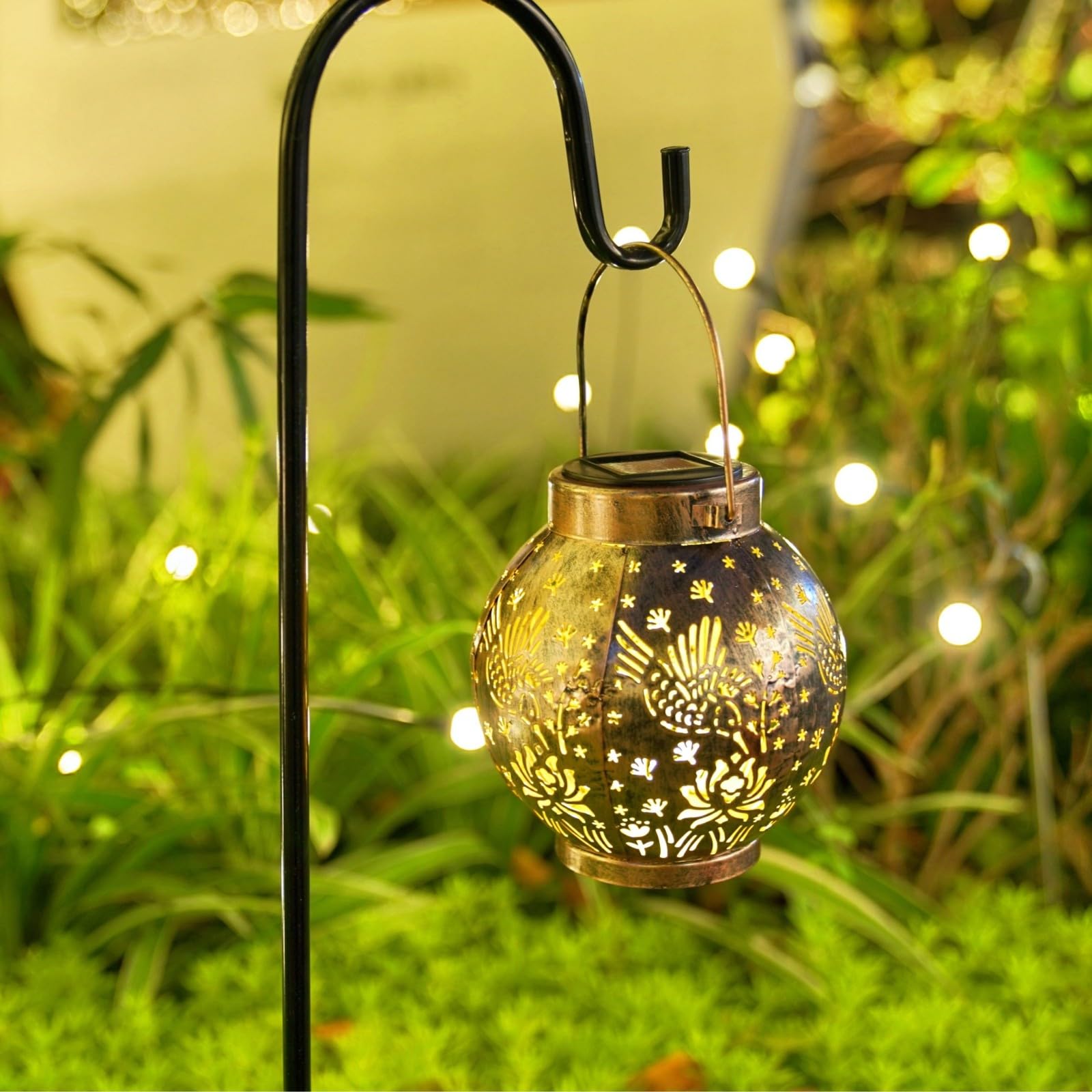 EXCMARK Outdoor Solar Hanging Lantern Lights LED Metal Decorative Lamp Bronze Hummingbird Floral Design for Garden Patio Table