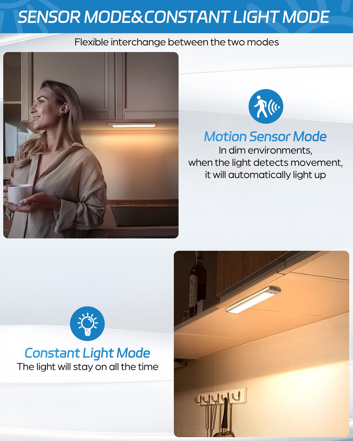 Hiboitec Led Under Cabinet Lighting, Motion Sensor, 30 Leds, Warm White, Rechargeable, 2-Pack