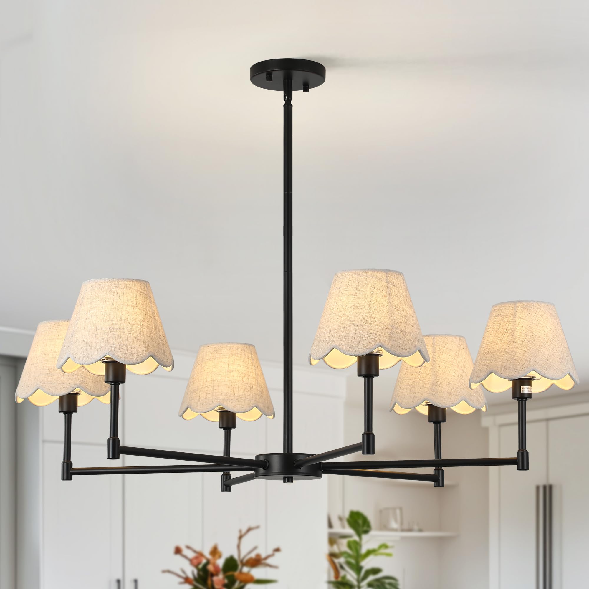 Zxfdwb 6-Light Black Chandelier With White Linen Shades  37.5Modern Pendant Light Fixture For Dining Room  E12 Base  Height Adjustable  Living Room Bedroom Hallway Ceiling Lighting