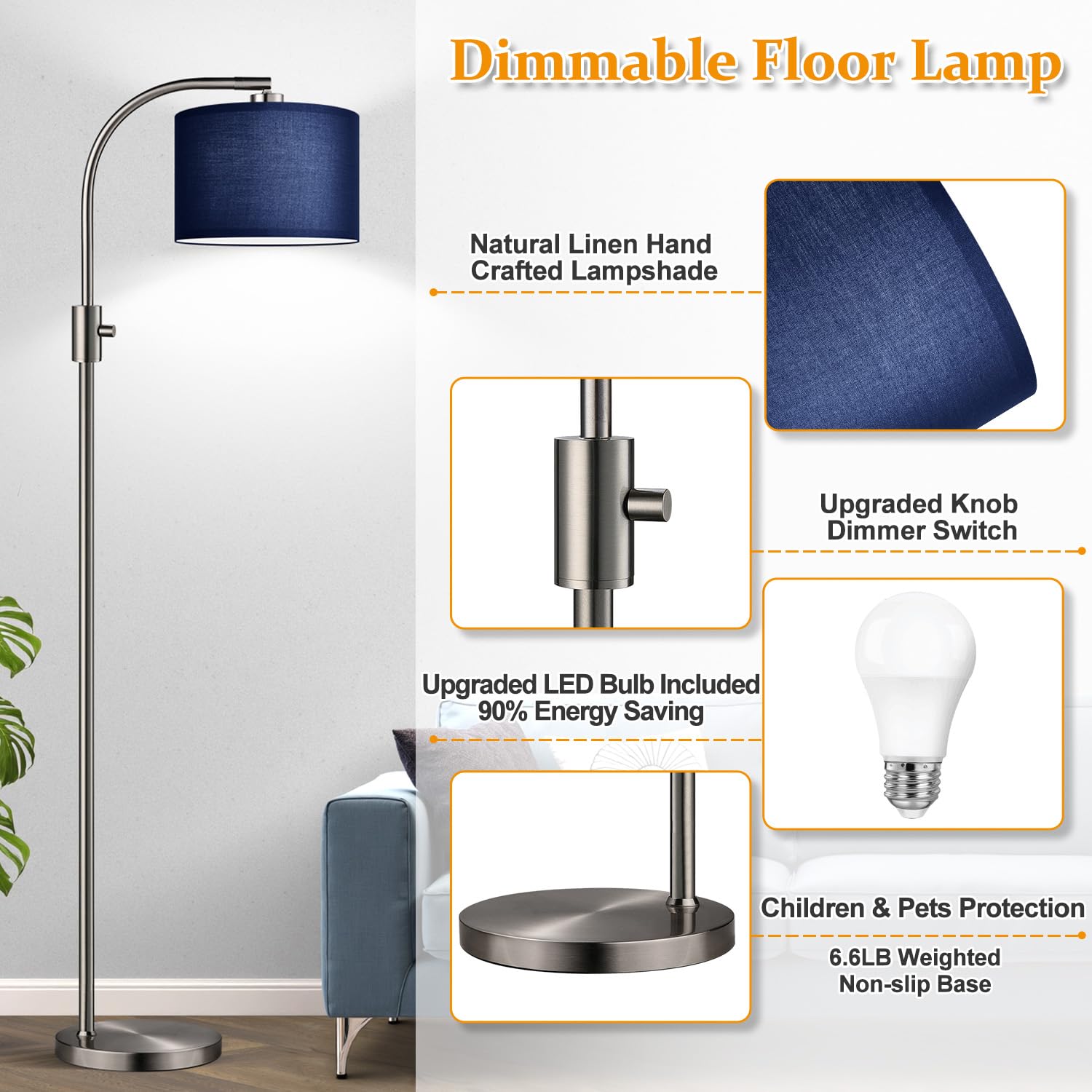 Nintiue Dimmable Brushed Nickel Floor Lamp with LED Bulb, Arc Design, Blue Shade, Model F1599