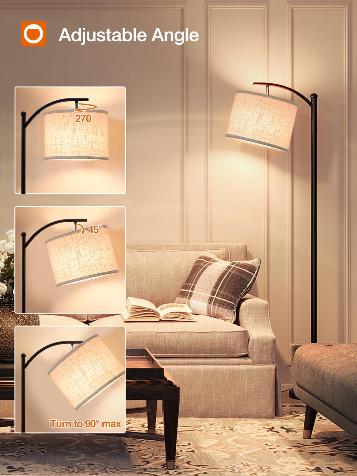 addlon Floor Lamp - 64" Linen Shade, 3 Color Temperatures, Black & Beige, Model gjynf-832, Includes 9W LED Bulb