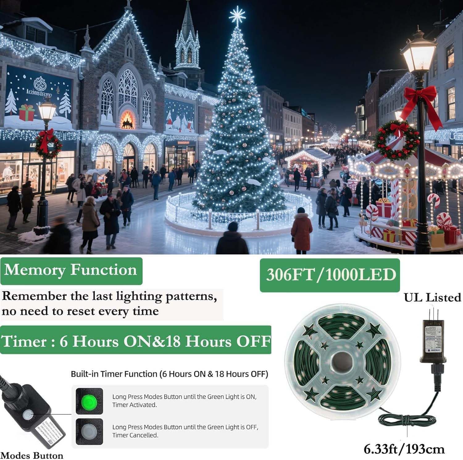 Tcamp 306FT 1000 LED White Christmas Lights, 8 Modes, Green Wire, Model QL300AE