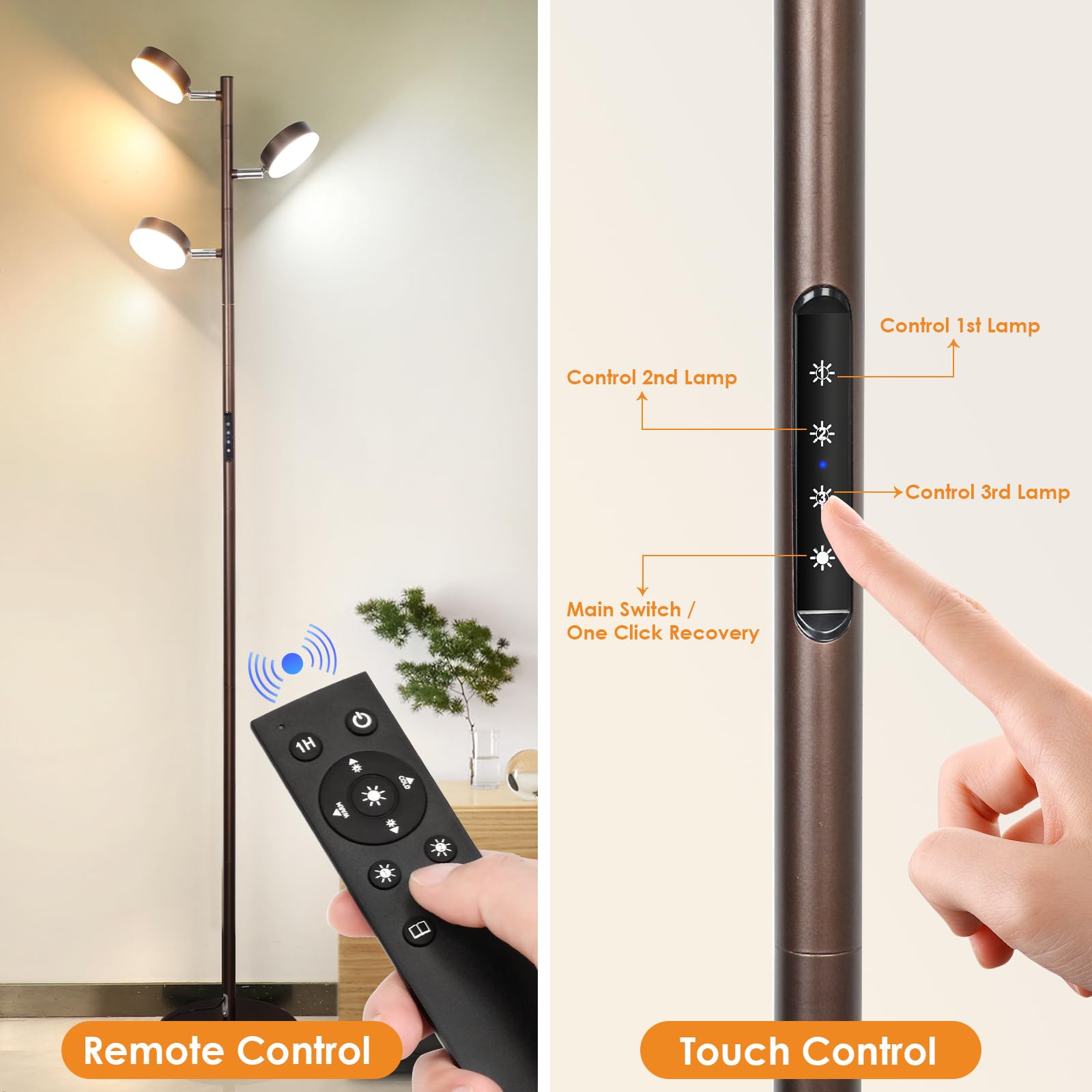 Junnai Dimmable Led Floor Lamp, Modern Tall Standing Lamp With Remote & Touch Control, 4 Color Temperatures, 3 Rotatable Light Tree Floor Lamps For Living Room Bedroom Office Reading, Brown