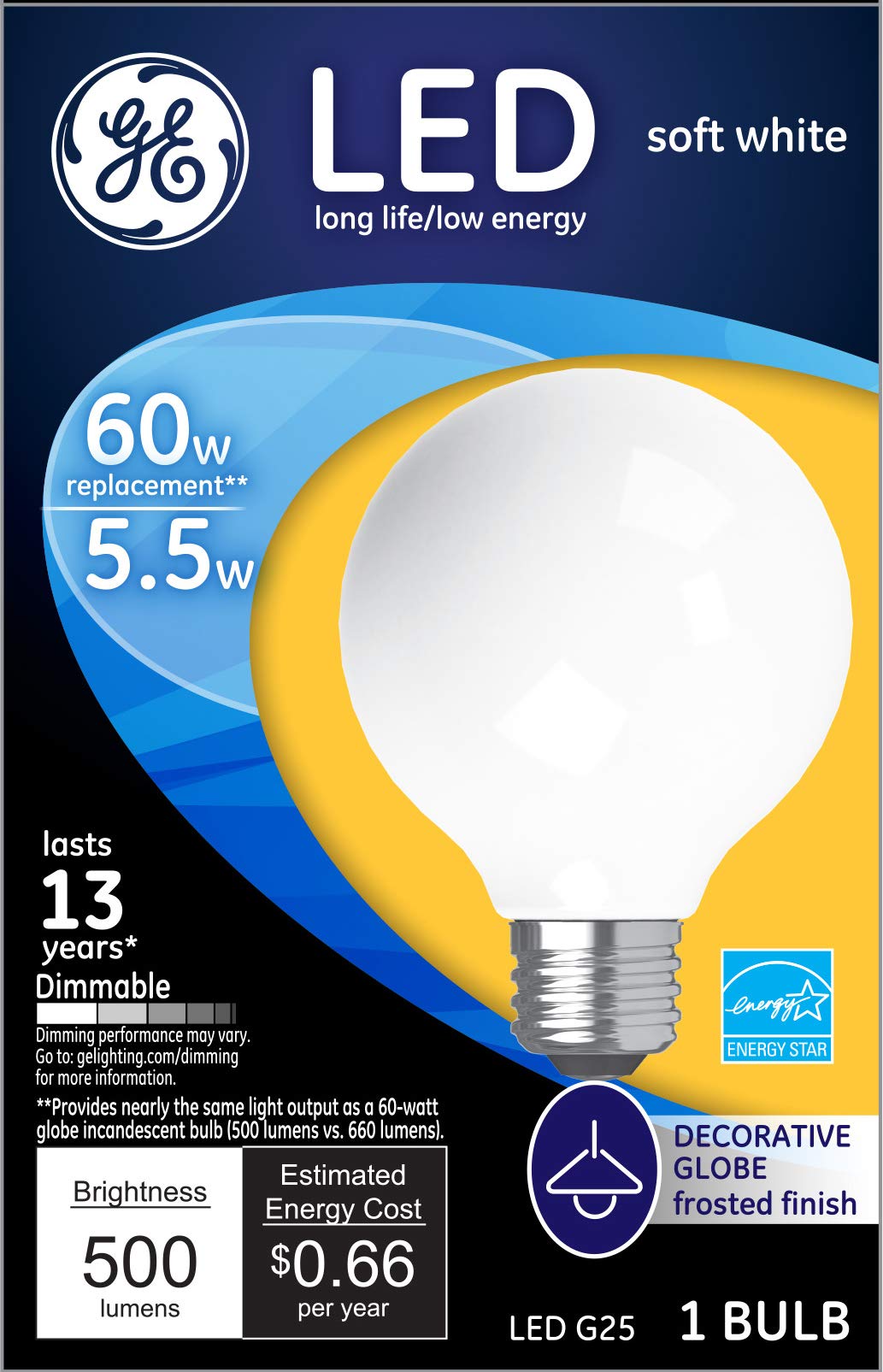 Ge Lighting Led Globe Light Bulb, 5.5 Watts (60 Watt Equivalent) Soft White, Frosted Finish, Medium Base, Dimmable (1 Pack)