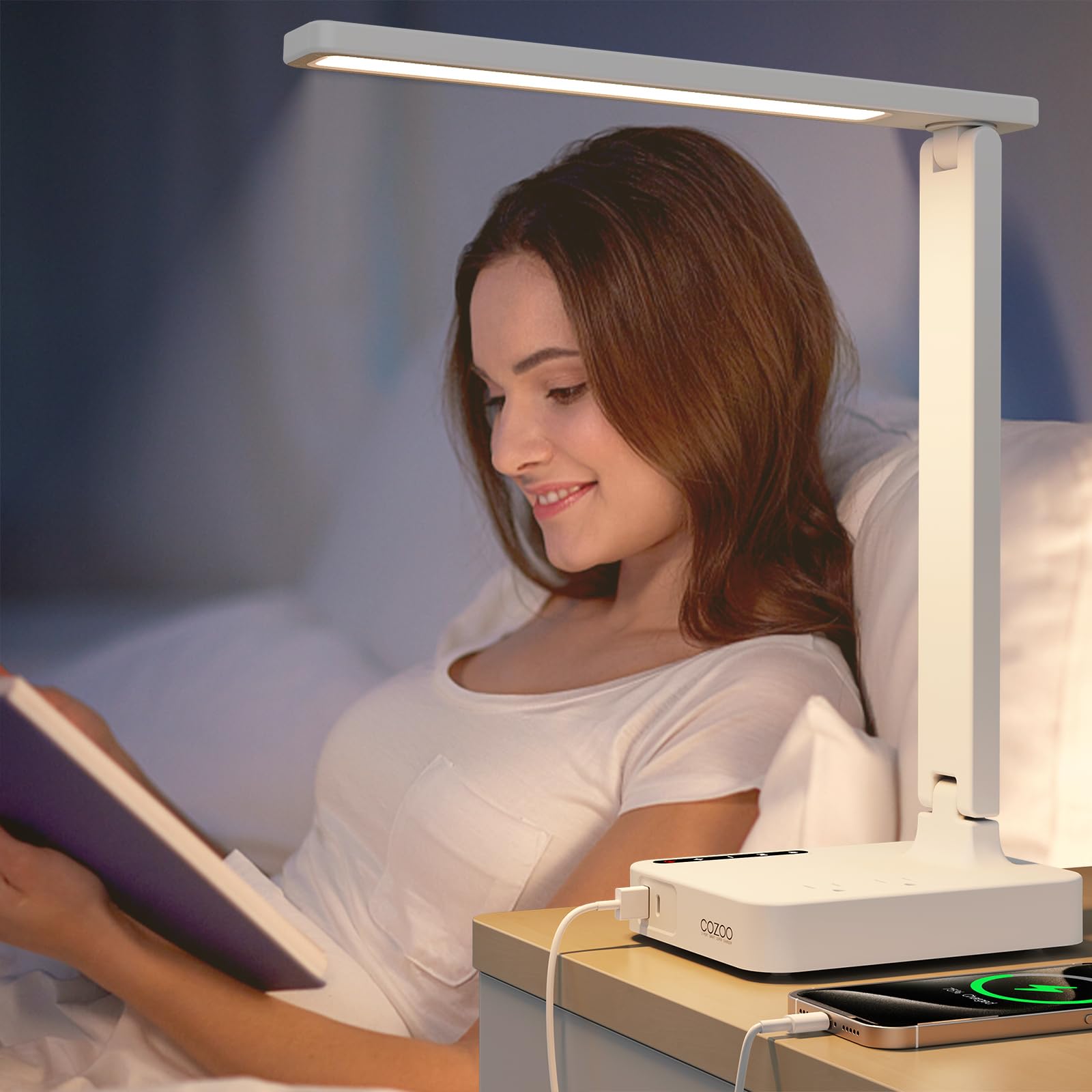 cozoo LED Desk Lamp with USB Charging Ports, 2 AC Outlets, 9 Lighting Modes, White