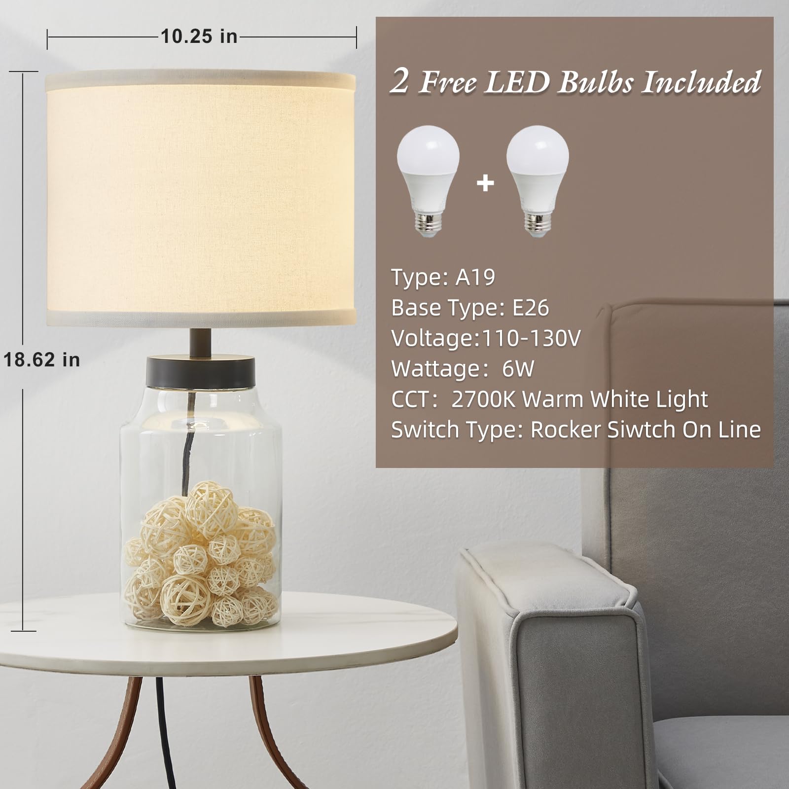 GyroVu Fillable Table Lamp - Modern Glass Lamp with White Lampshade for Living Room, Bedroom, Office - Bulbs Included