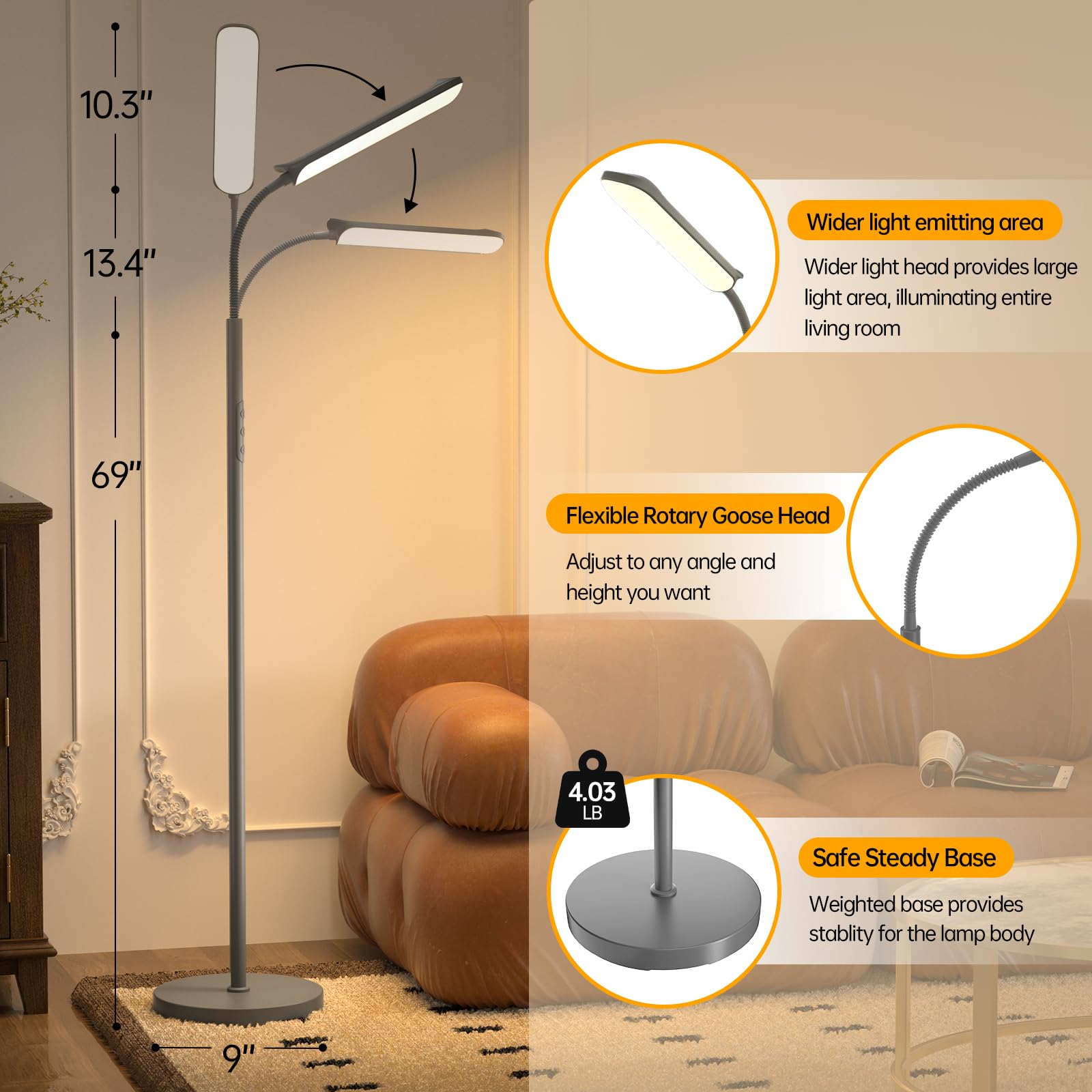 Aisutha LED Floor Lamp, 18W Gooseneck Light with Remote & Touch Control, Gray, Model THFL01101AA-US-F1