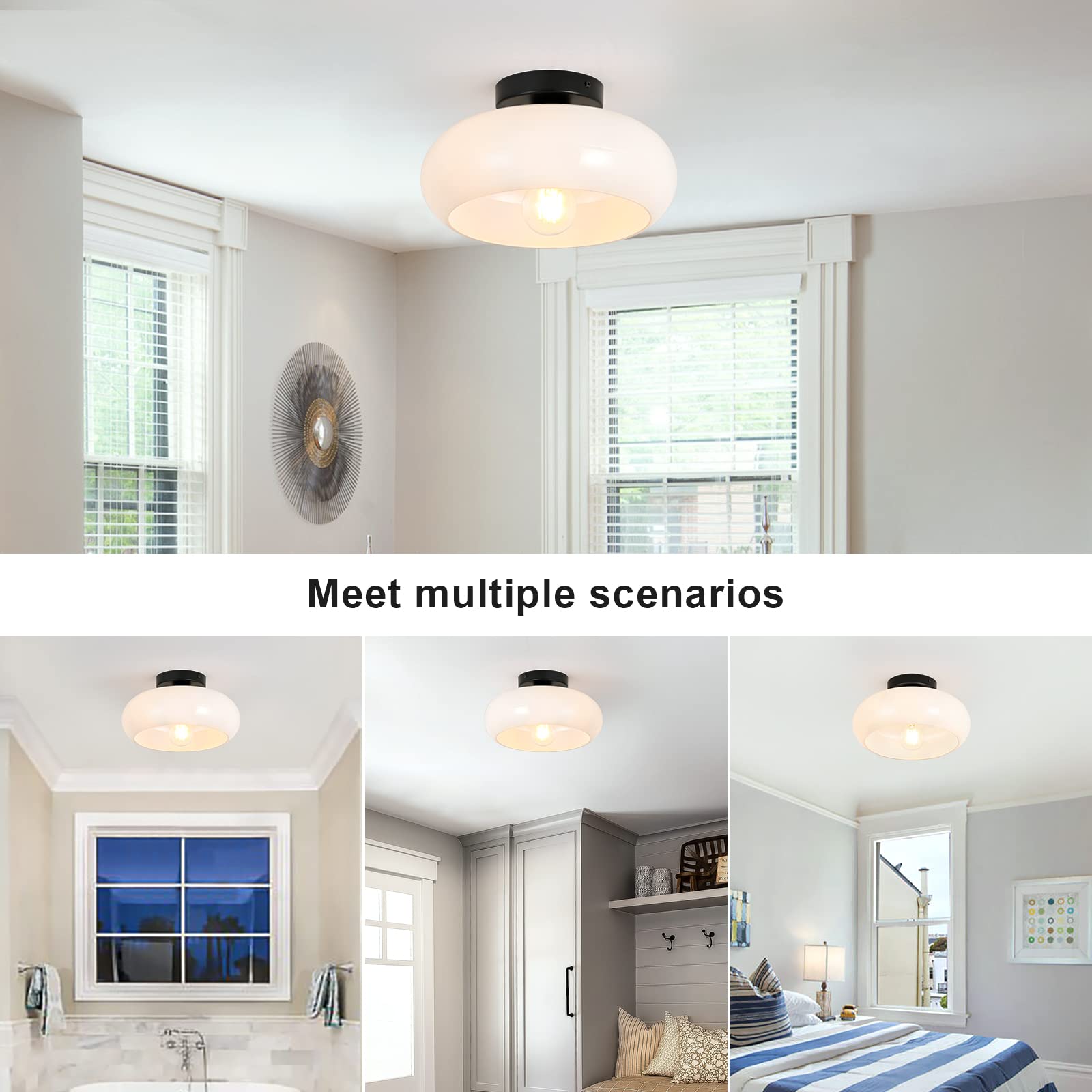 Woknos Mid-Century Modern Semi Flush Mount Ceiling Light, Metal Kitchen Light Fixture With Glass Shade,Vintage White And Black Colse To Ceiling Lamp For Entryway Hallway Bathroom (11.0 Inch)