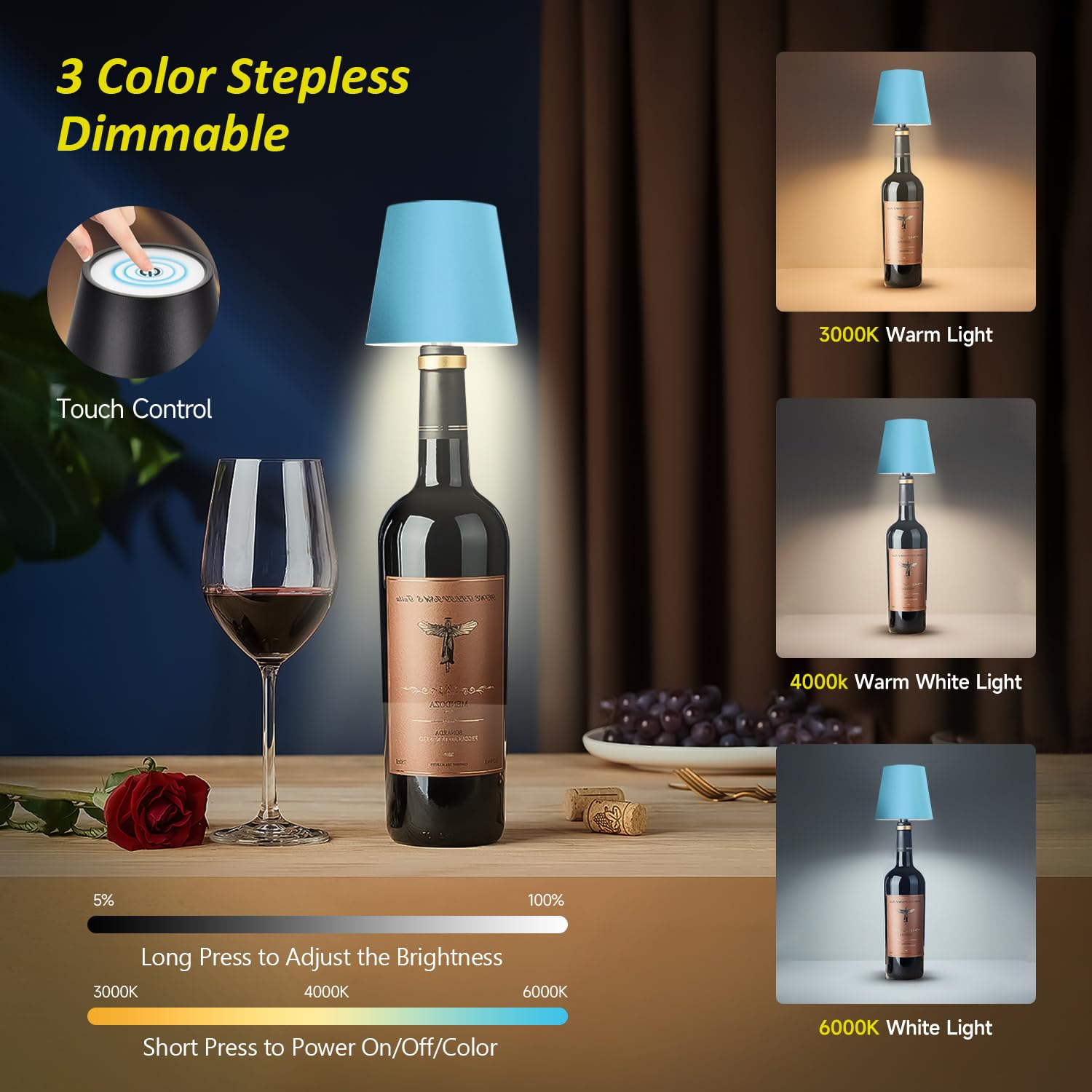 Hoide Wireless Bottle Lamp - LED Night Light Kit, Rechargeable, 5.7in, Light Blue, Plastic