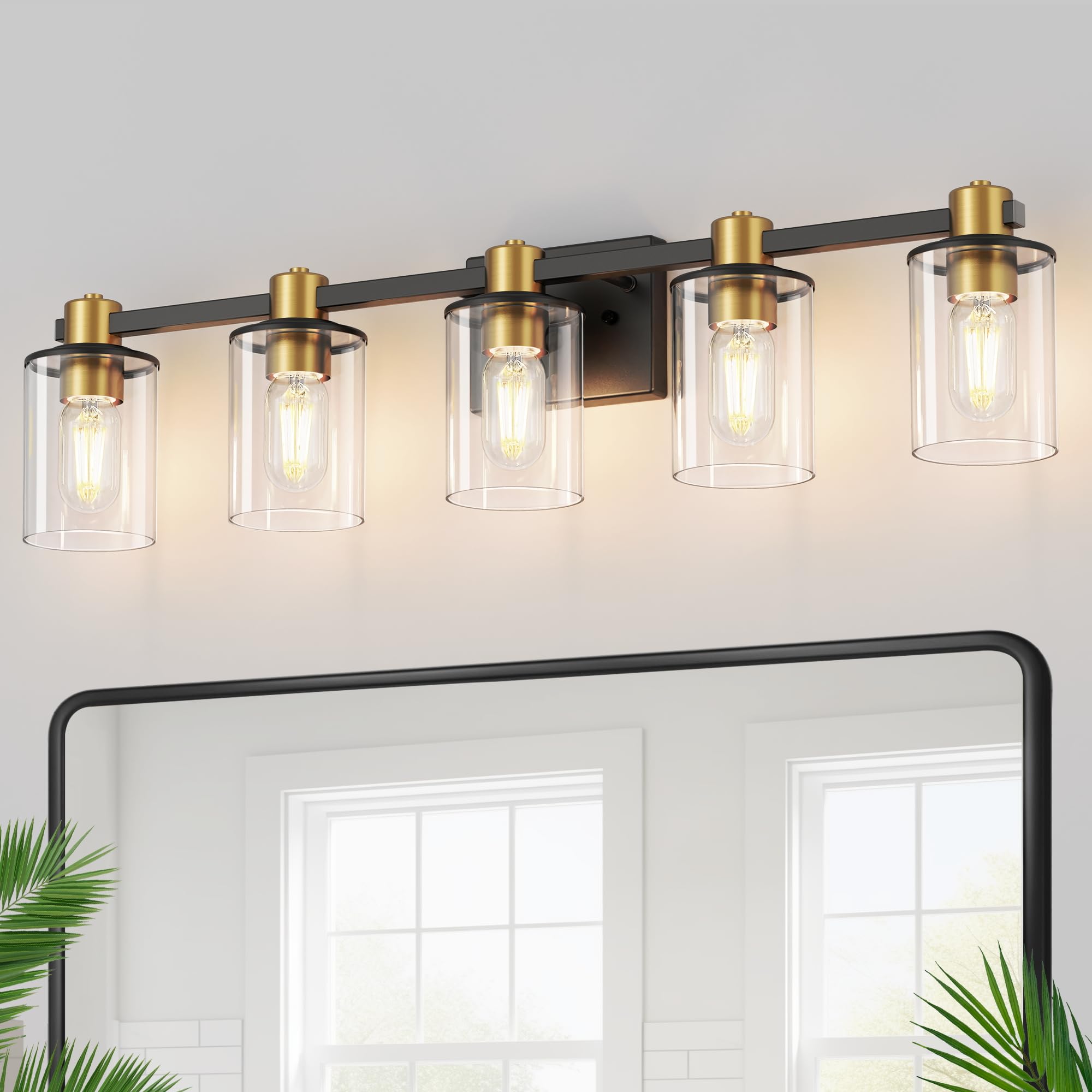 Doresshop 5-Light Udgraded Black And Gold Bathroom Light Fixtures, Modern Bathroom Lights Over Mirror With Clear Glass Shade, Va