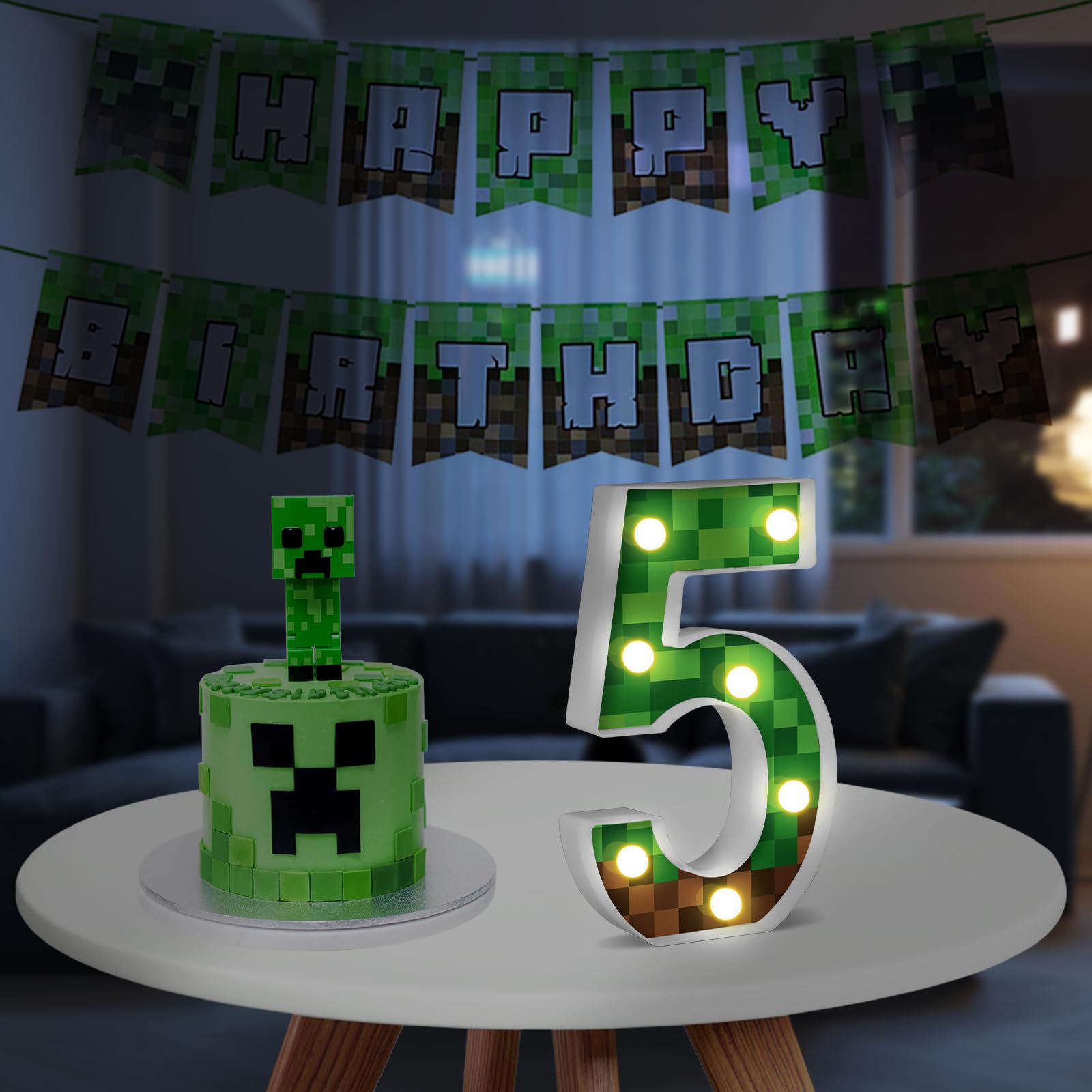 AXBMM 8.5in Pixel Game Light Up Sign, Number 5, Green/Brown, LED, PP Plastic, Birthday Decorations, Game Theme Party Supplies